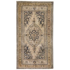 Ivory, Brown and Blue Handmade Wool Turkish Old Anatolian Konya Distressed Rug