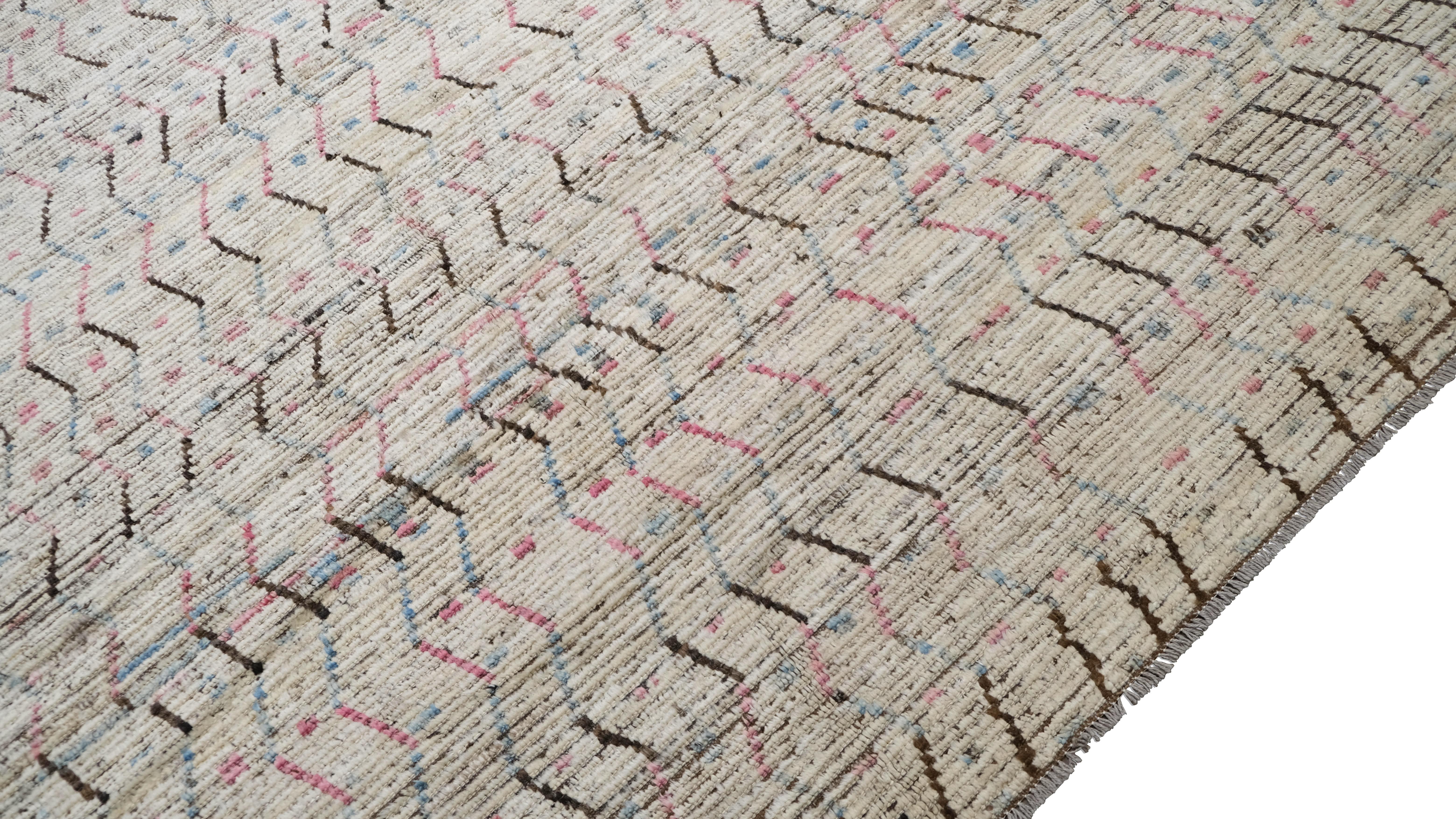 Afghan Tapis en laine à vagues linéaires ivoire, marron et rose, 11'3''x14''. en vente