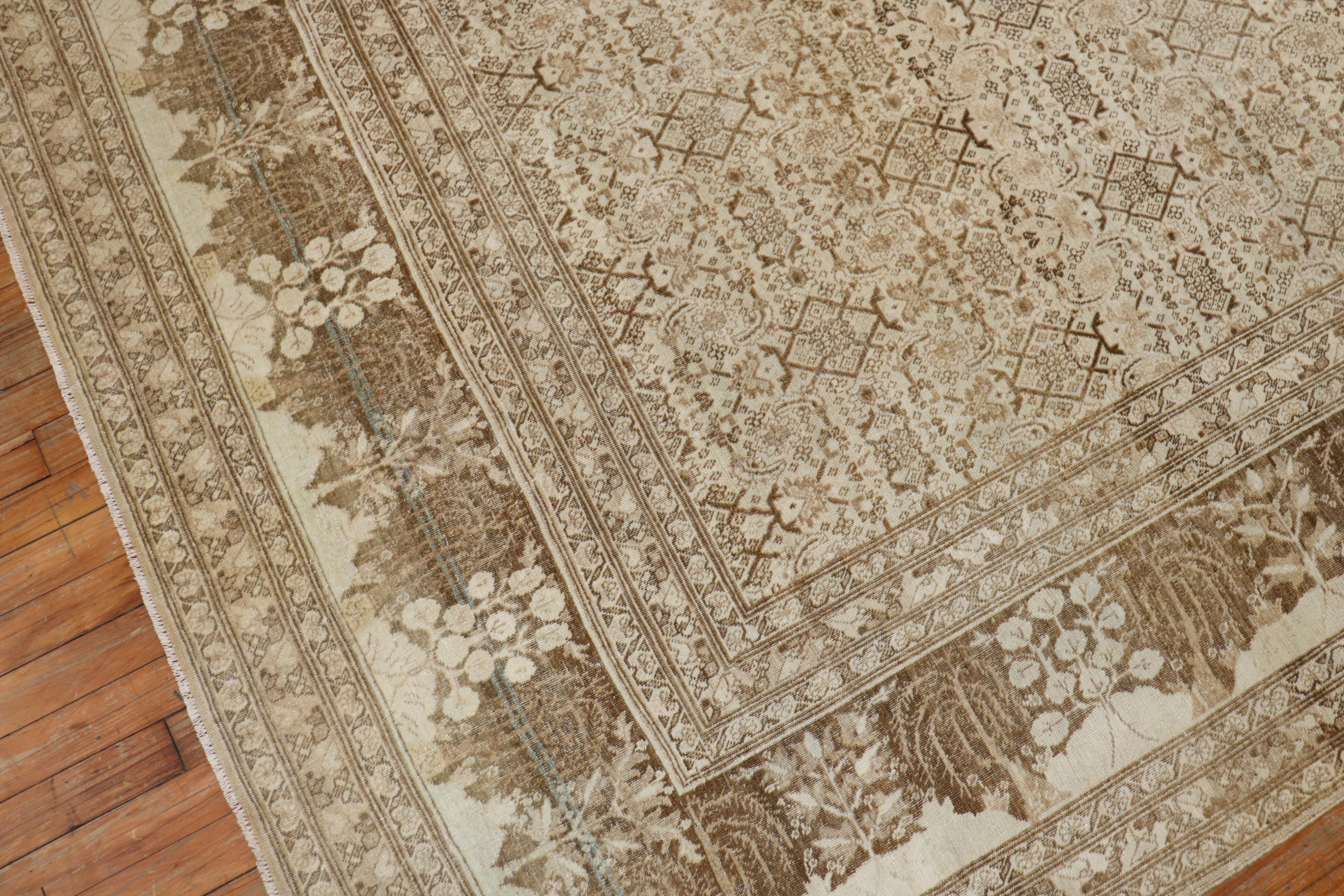 Ivory Brown Antique Persian Tabriz Room Size Rug For Sale 4