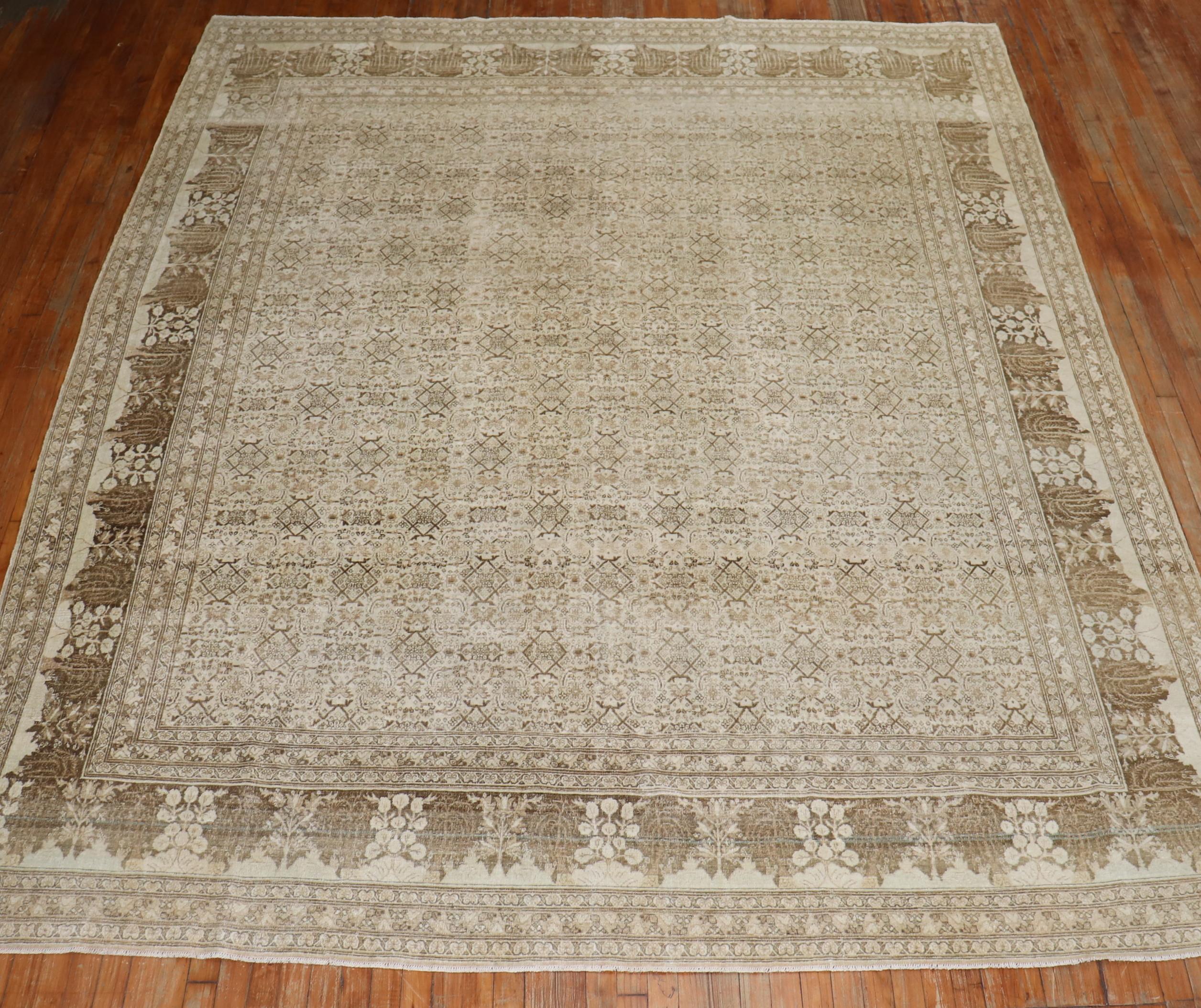 Ivory Brown Antique Persian Tabriz Room Size Rug For Sale 5