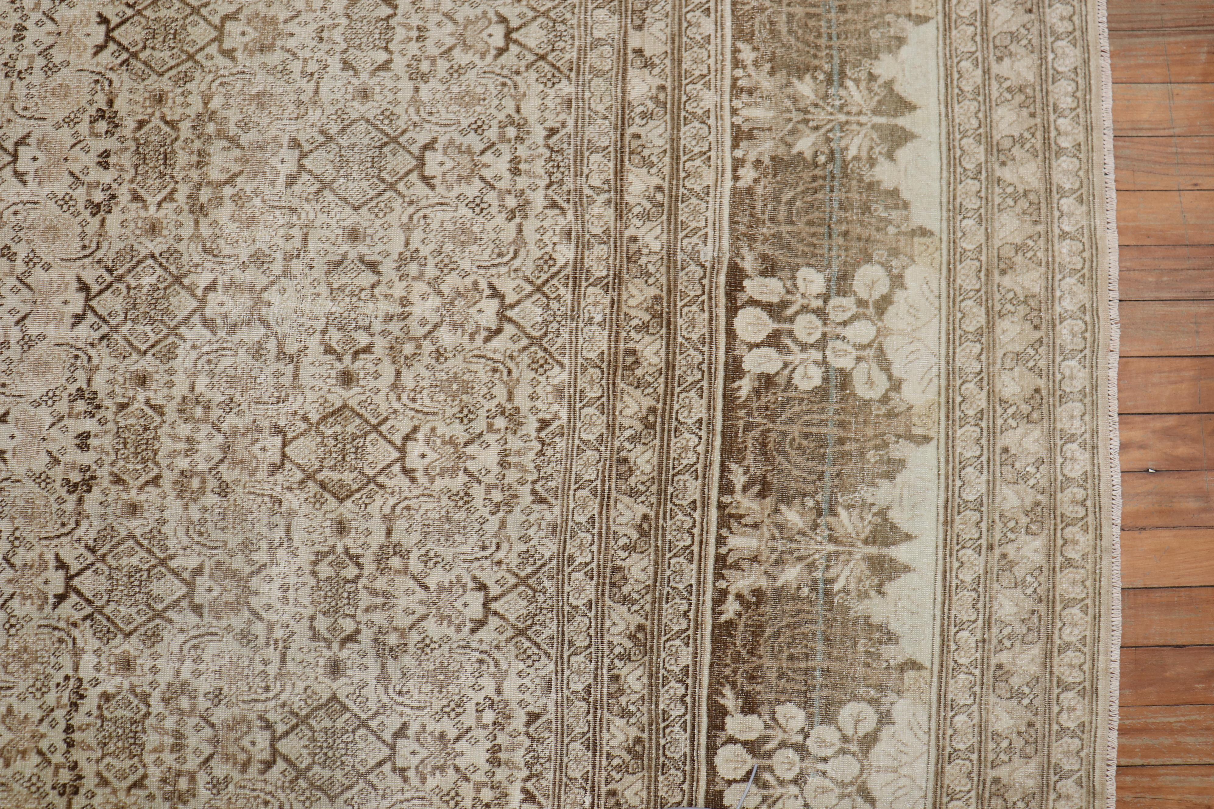 Wool Ivory Brown Antique Persian Tabriz Room Size Rug For Sale