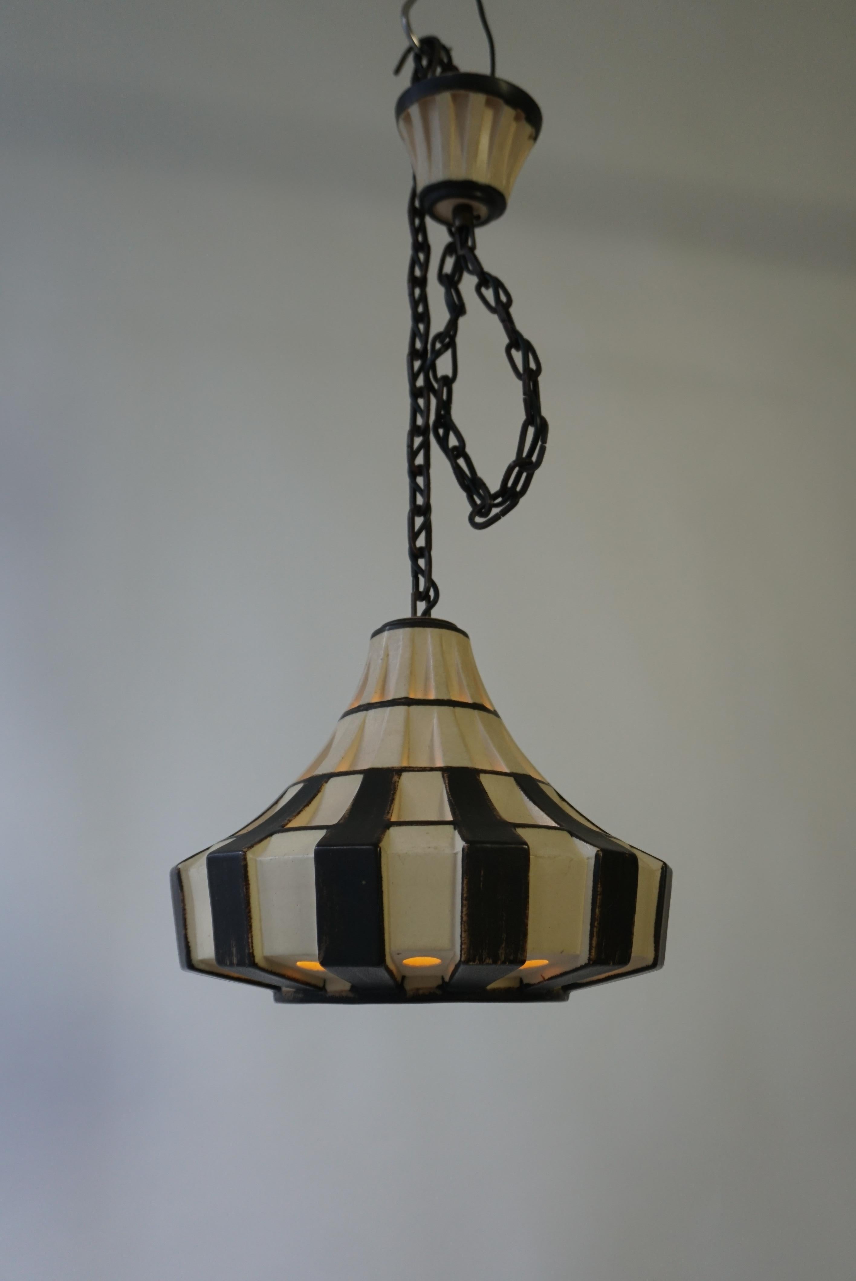 Ivory & Brown Ceramic Trumpet Pendant Light, Denmark, 1970s For Sale 3