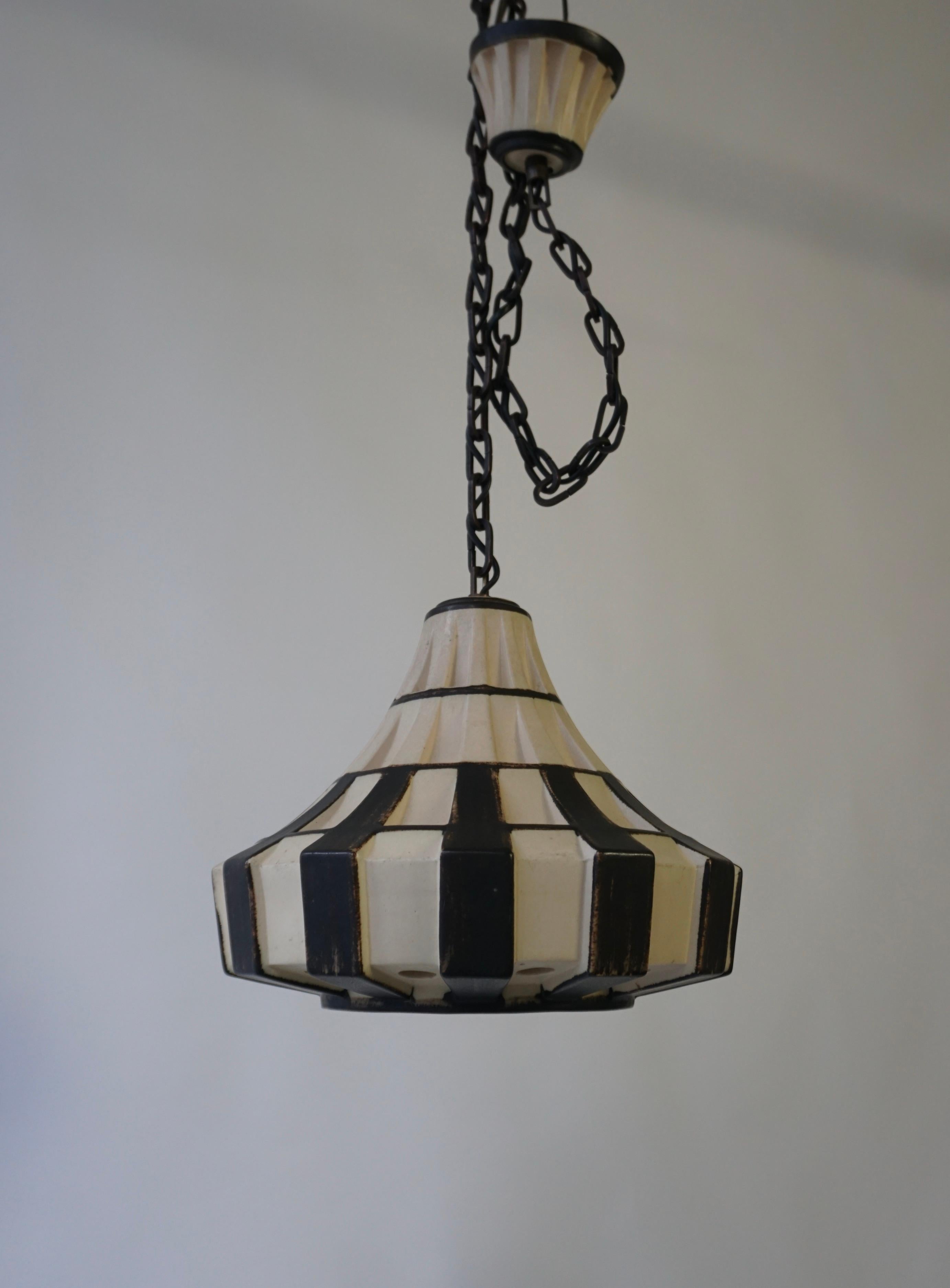 Ivory & Brown Ceramic Trumpet Pendant Light, Denmark, 1970s For Sale 4