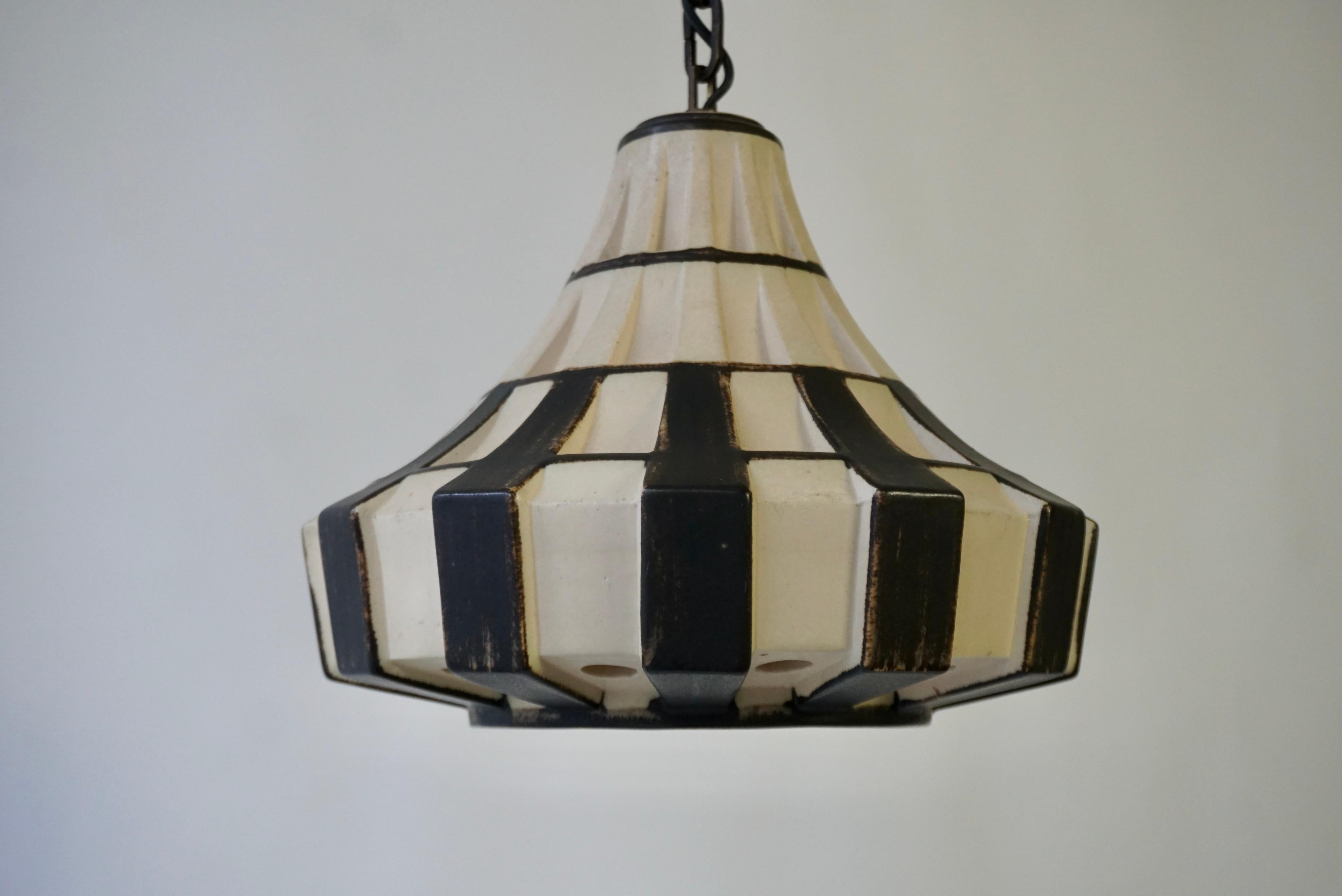 Ivory & Brown Ceramic Trumpet Pendant Light, Denmark, 1970s For Sale 5