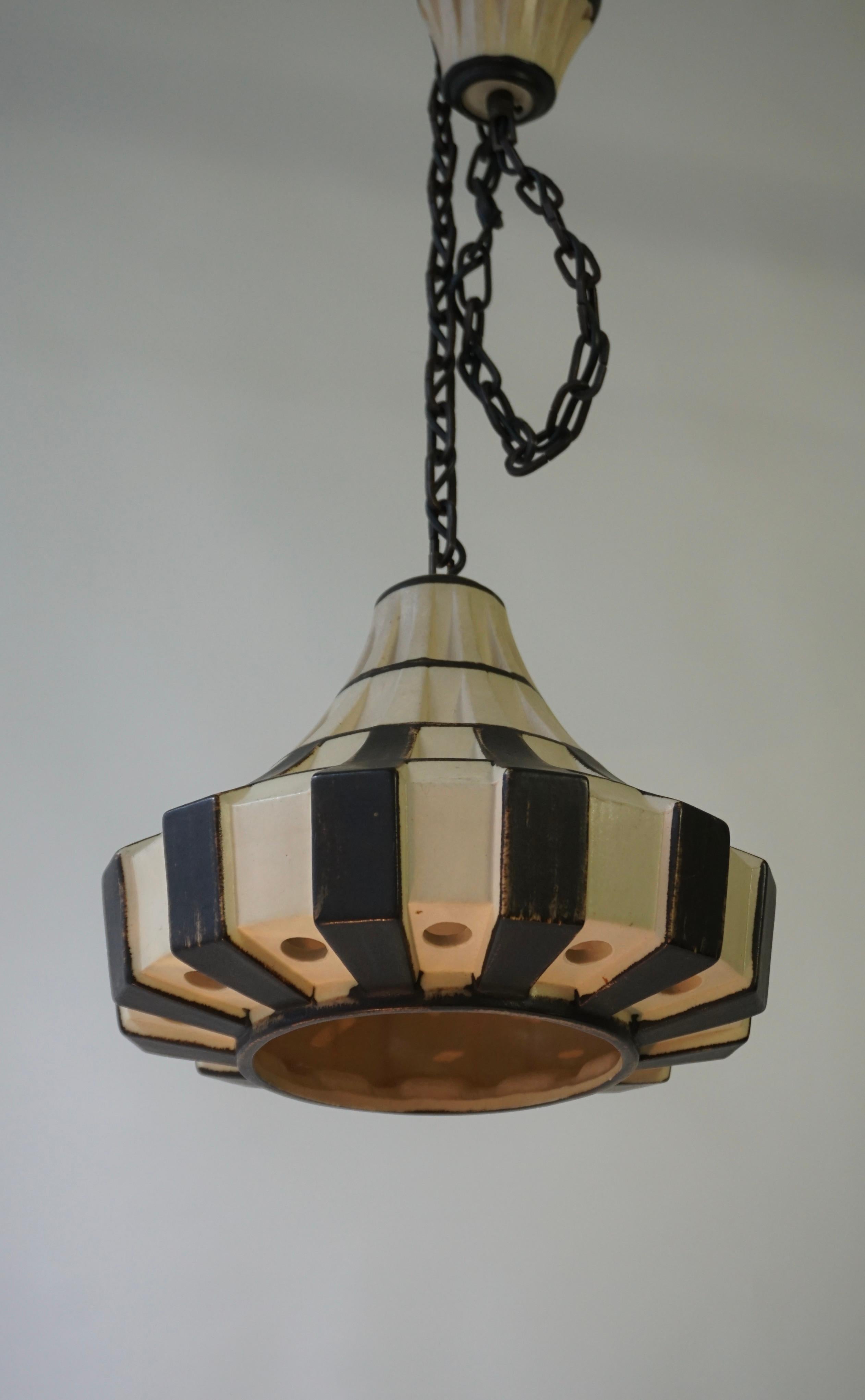 Ivory & Brown Ceramic Trumpet Pendant Light, Denmark, 1970s For Sale 7