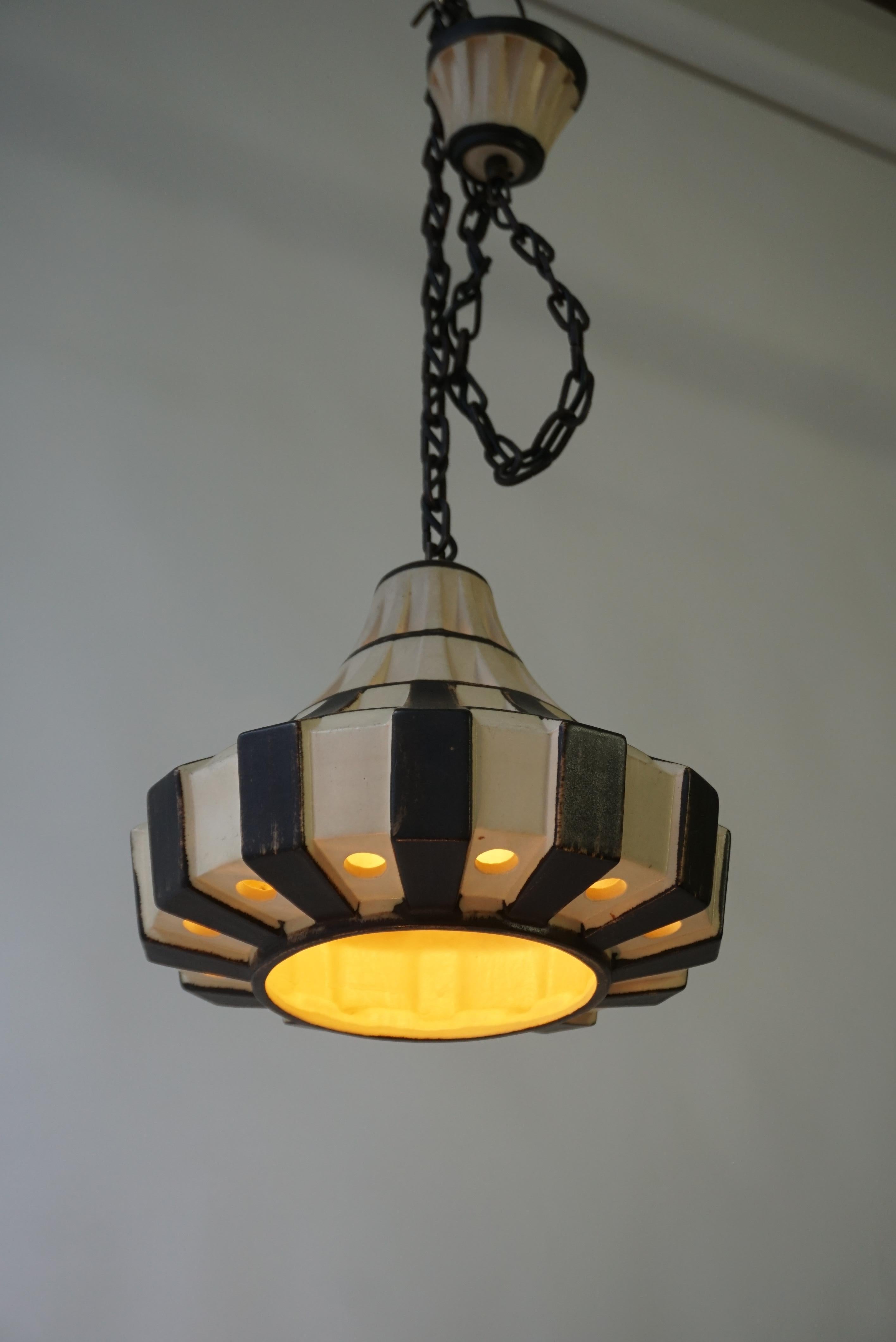 Ivory & Brown Ceramic Trumpet Pendant Light, Denmark, 1970s For Sale 8