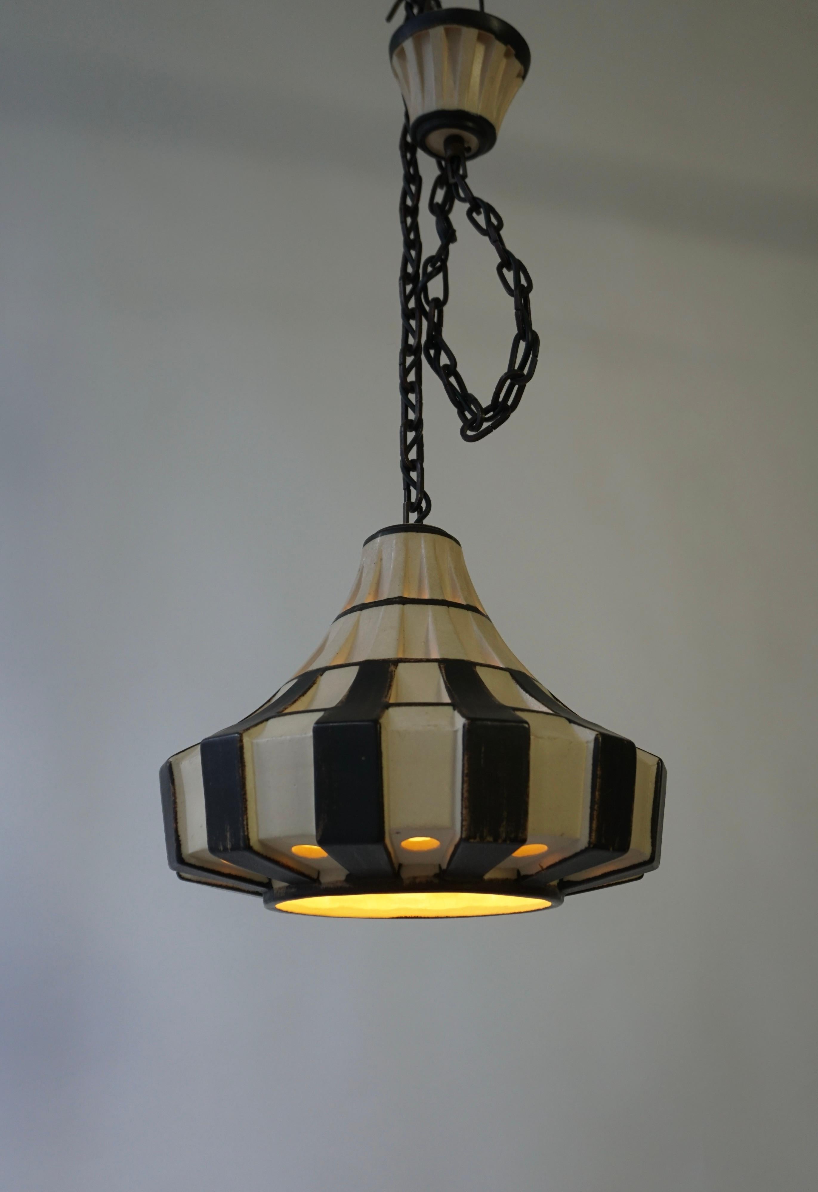 Mid-Century Modern Ivory & Brown Ceramic Trumpet Pendant Light, Denmark, 1970s For Sale