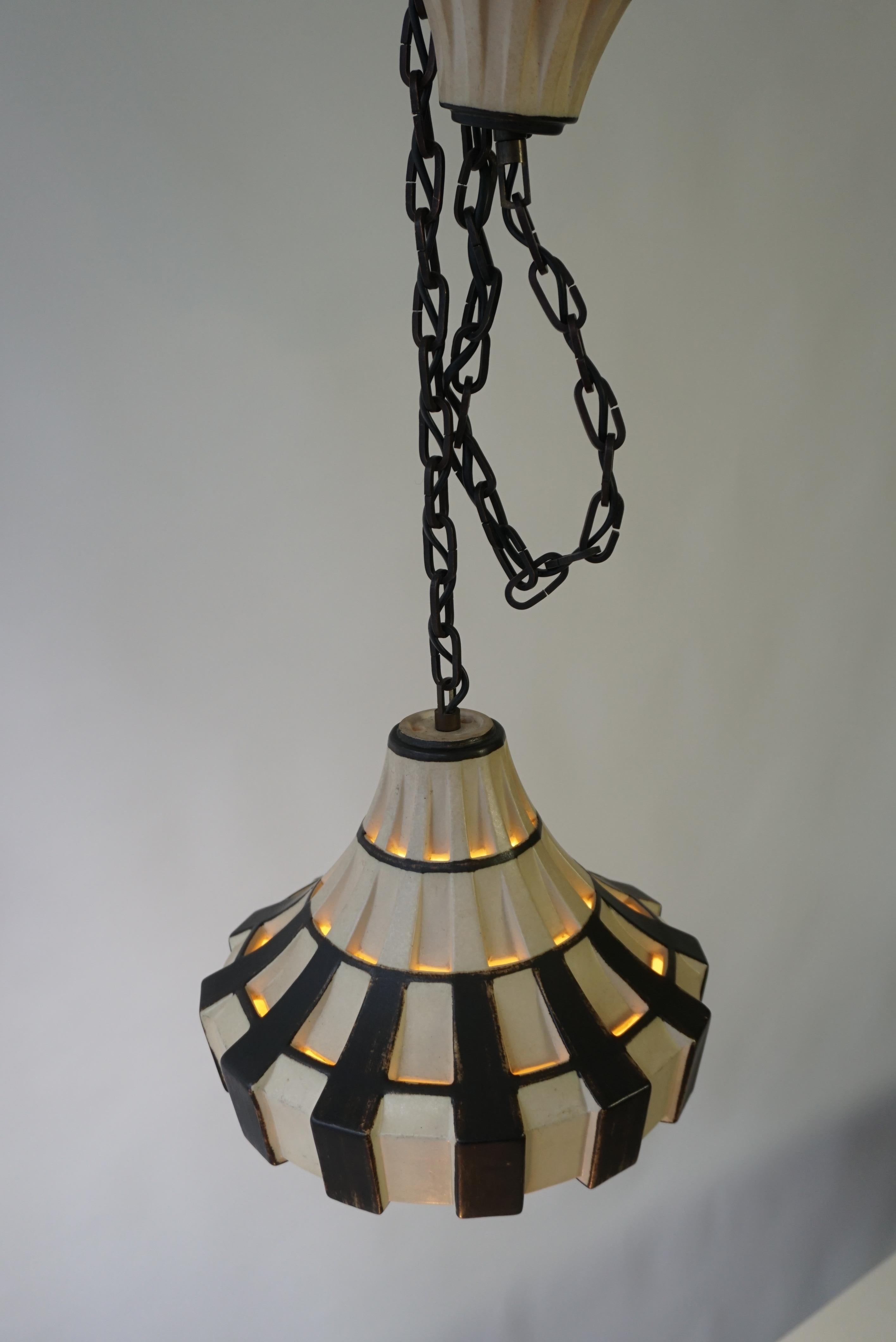 Danish Ivory & Brown Ceramic Trumpet Pendant Light, Denmark, 1970s For Sale