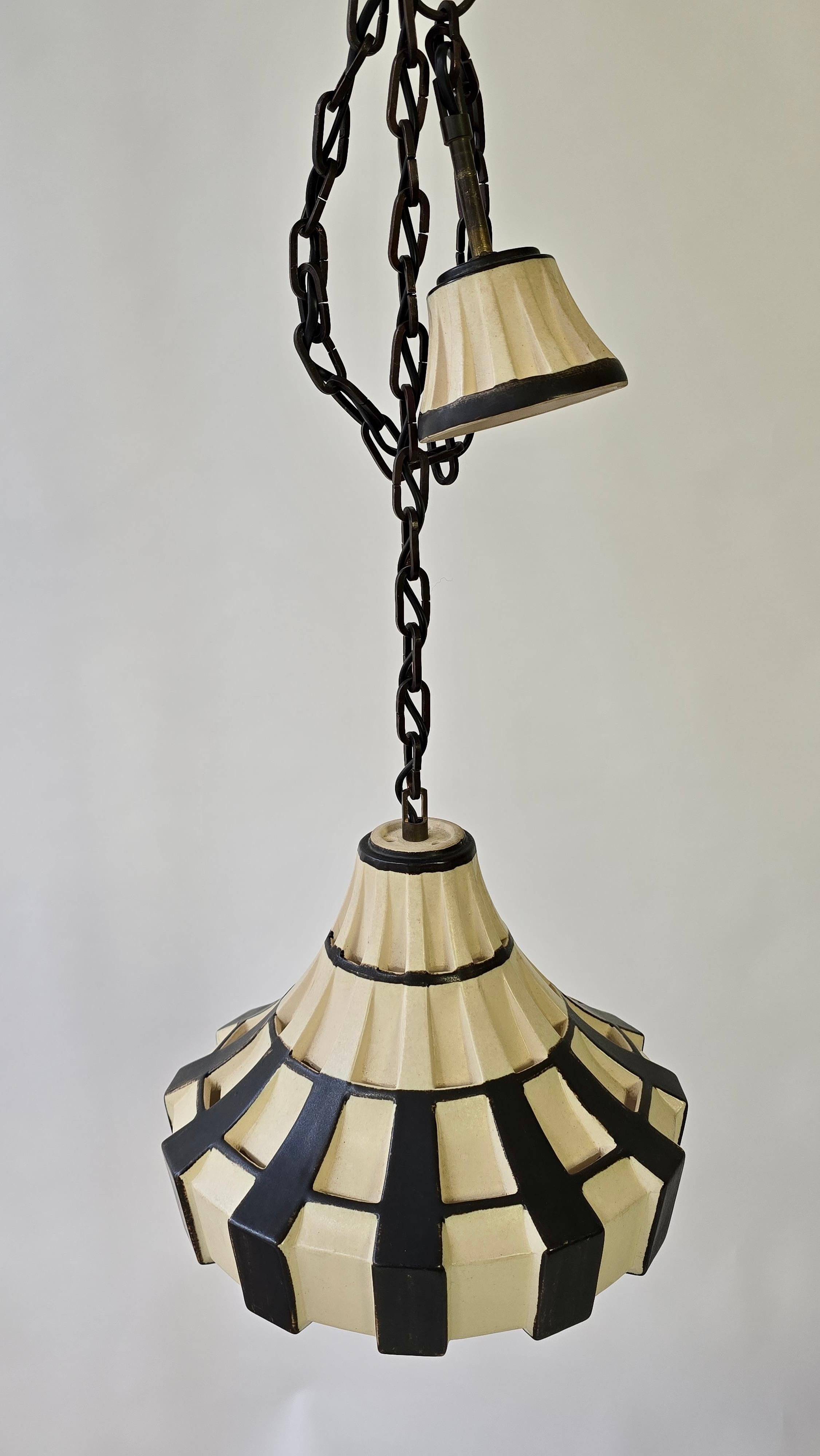 20th Century Ivory & Brown Ceramic Trumpet Pendant Light, Denmark, 1970s For Sale