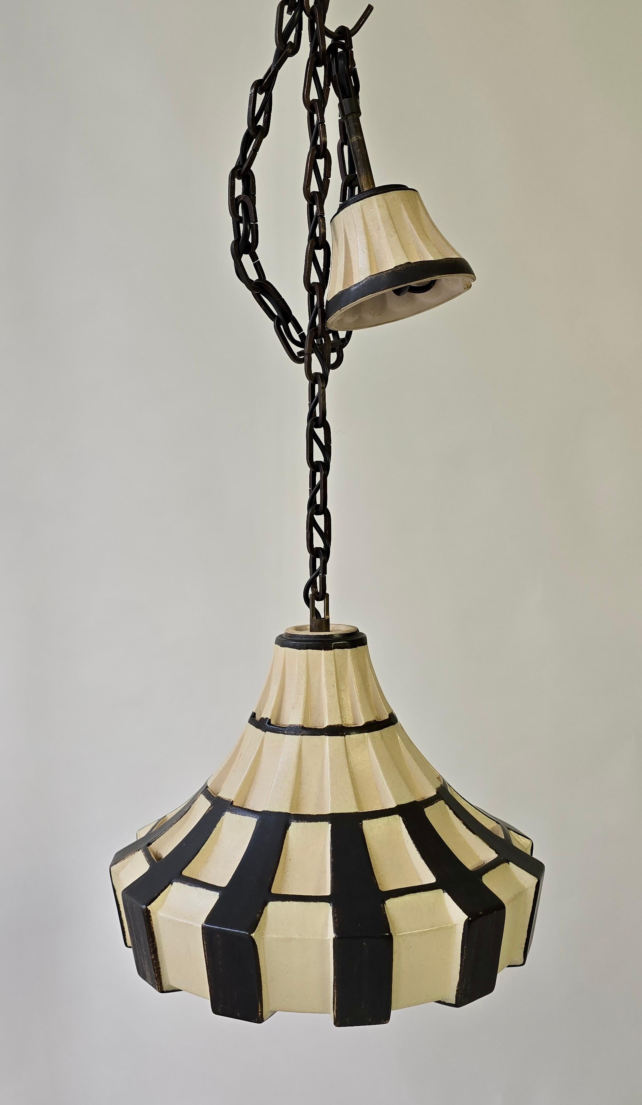 Metal Ivory & Brown Ceramic Trumpet Pendant Light, Denmark, 1970s For Sale