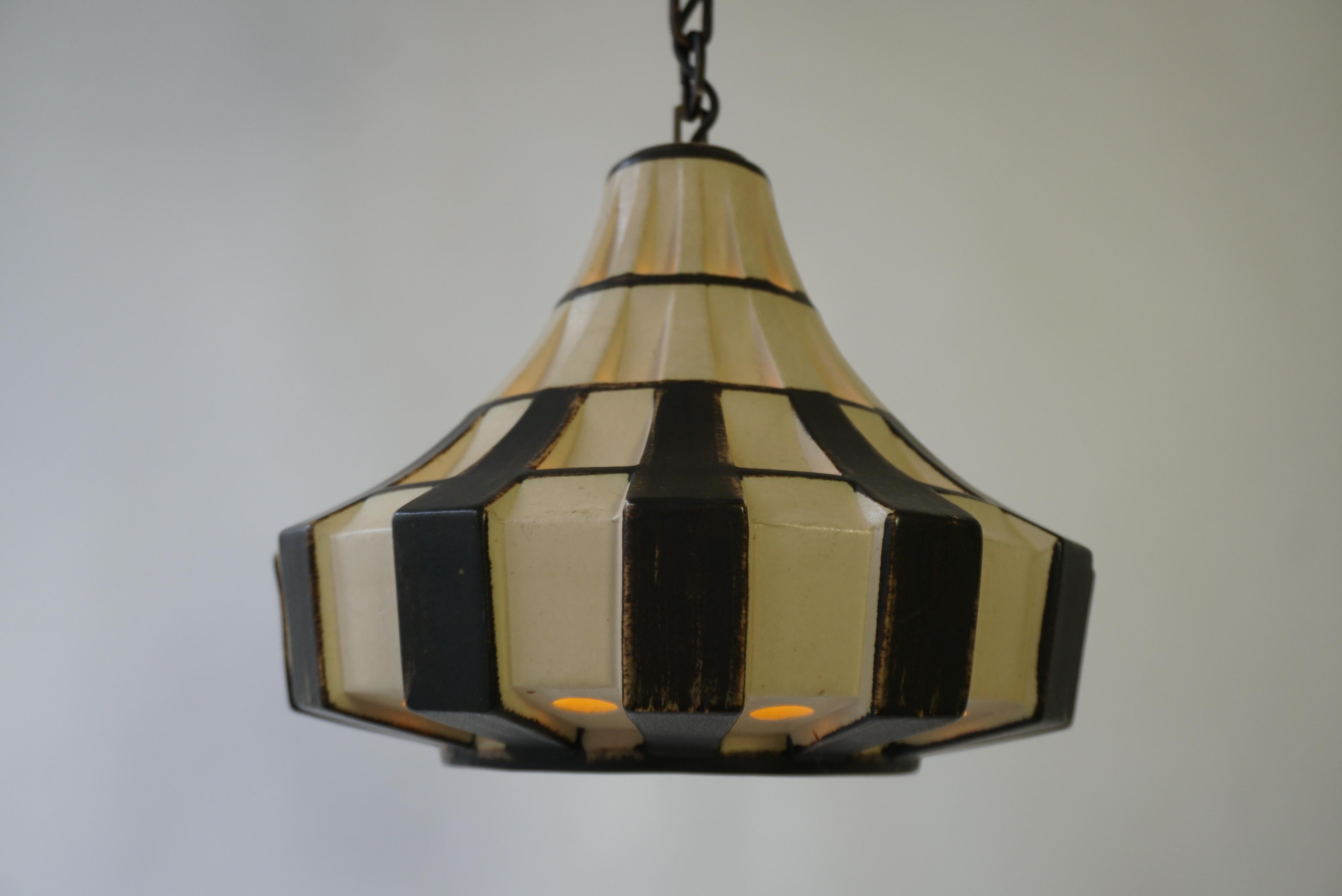 Ivory & Brown Ceramic Trumpet Pendant Light, Denmark, 1970s For Sale 1