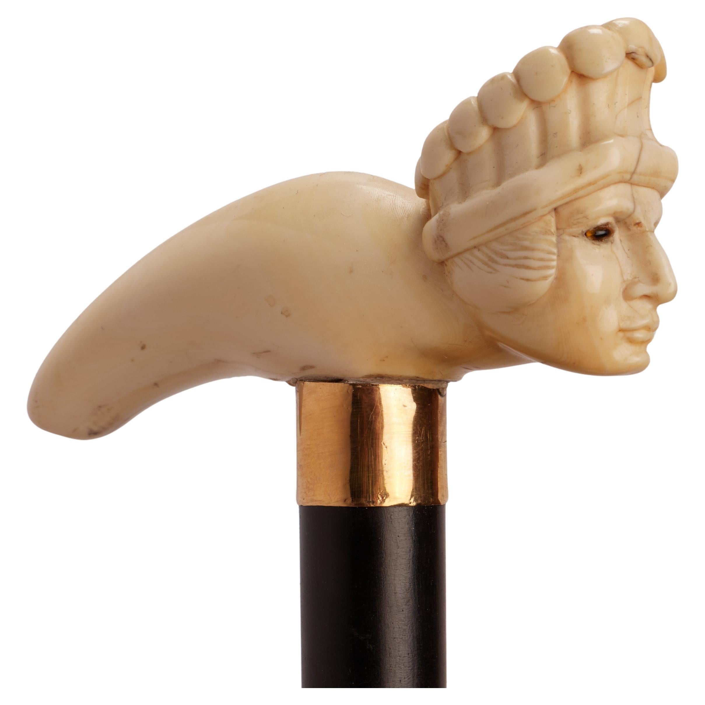 Ivory carved handle walking stick depicting a Native american chief, UK 1880. For Sale