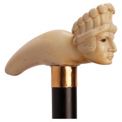 Antique Ivory carved handle walking stick depicting a Native american chief, UK 1880.