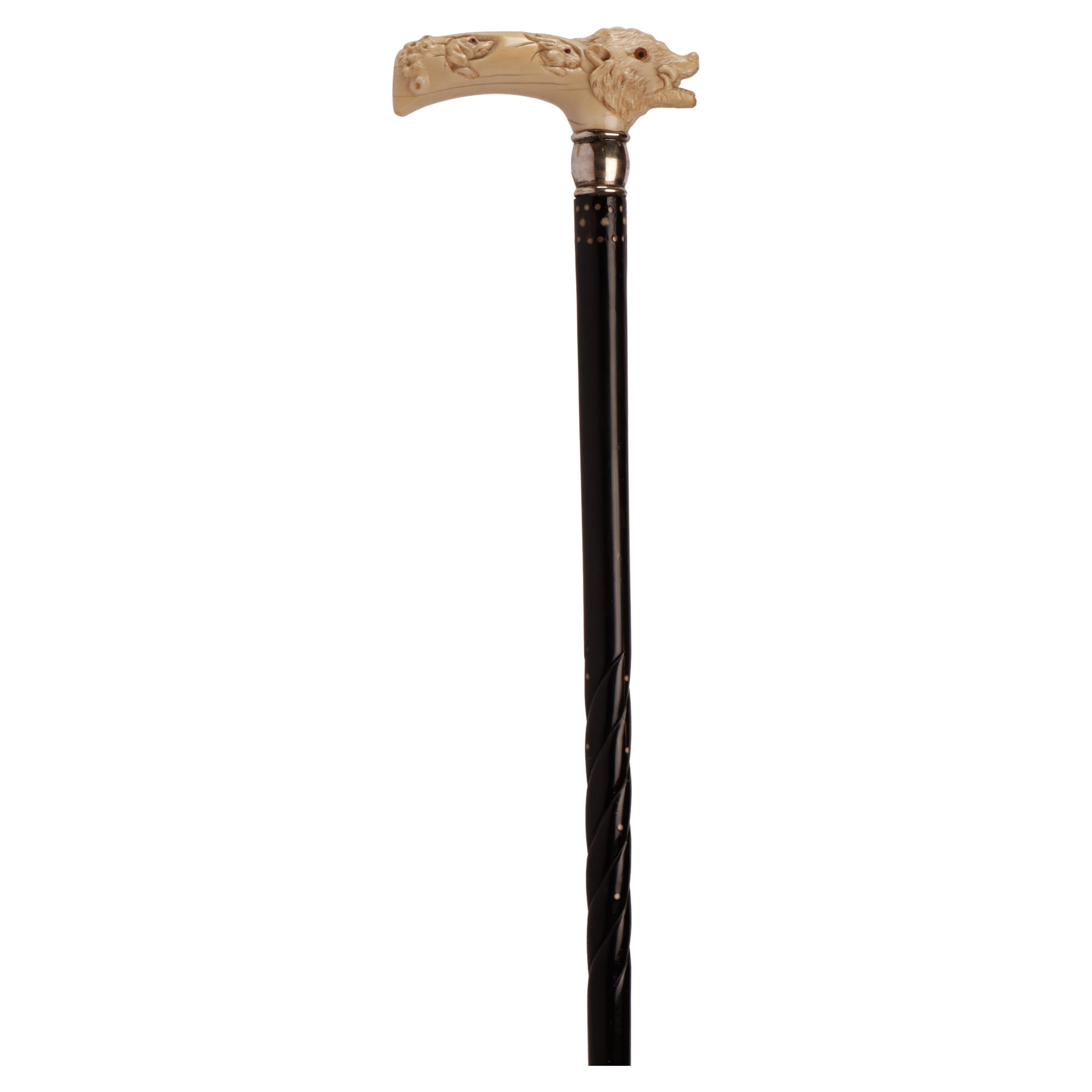 Ivory carved handle walking stick depicting a wild boar, United States 1910.