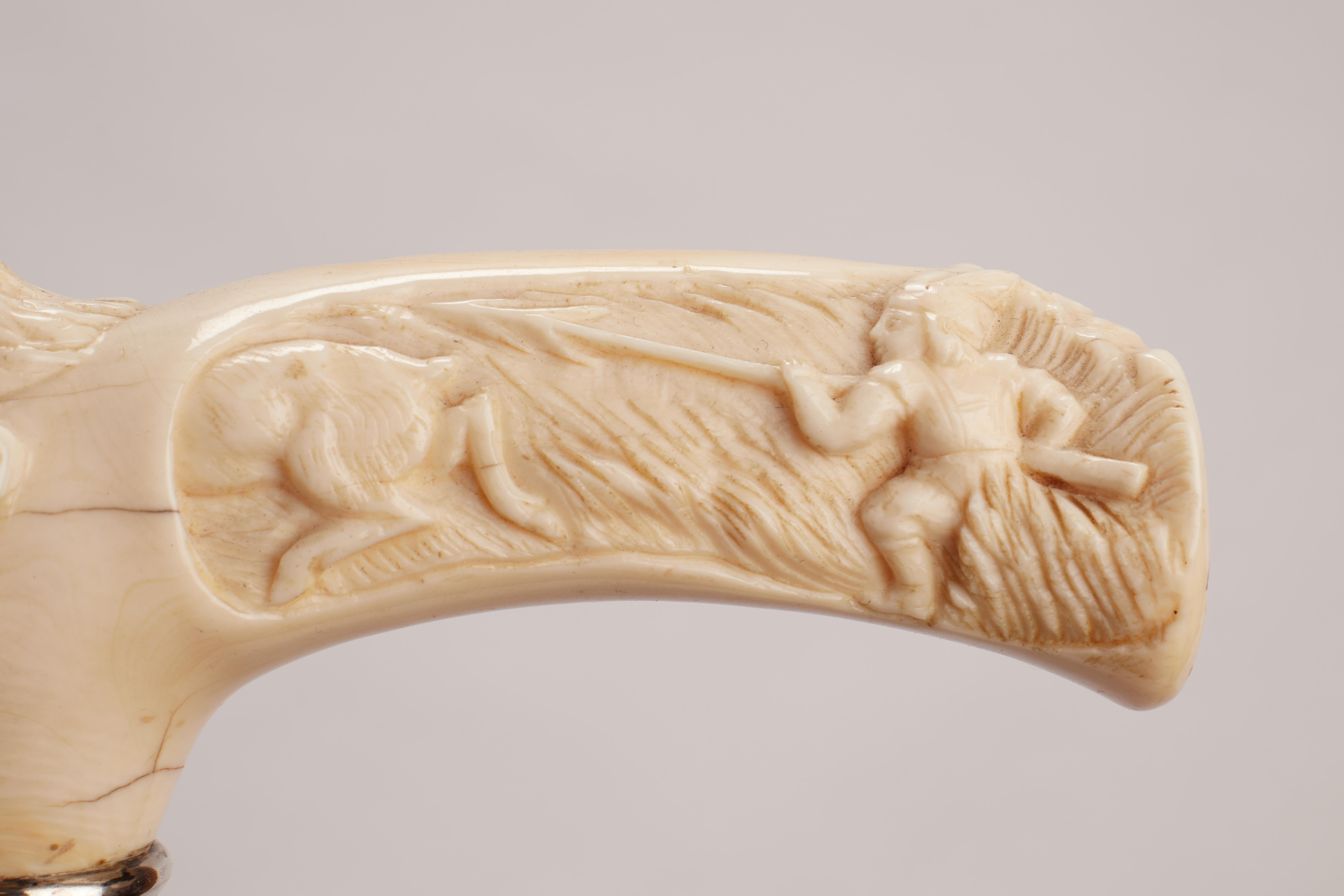 Ivory carved handle walking stick depicting a wild boar, USA 1910.  For Sale 2