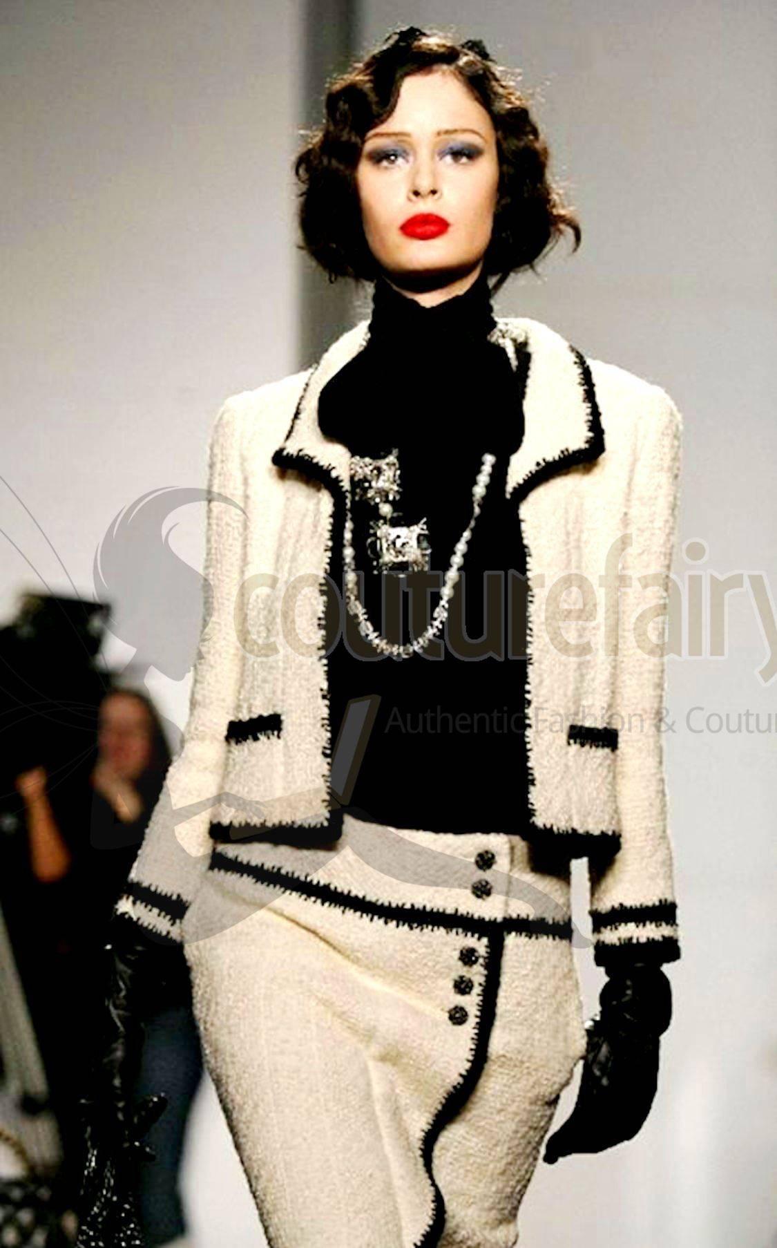 Beige Ivory Chanel Signature Monochrome Tweed Boucle Faux Wrap Skirt