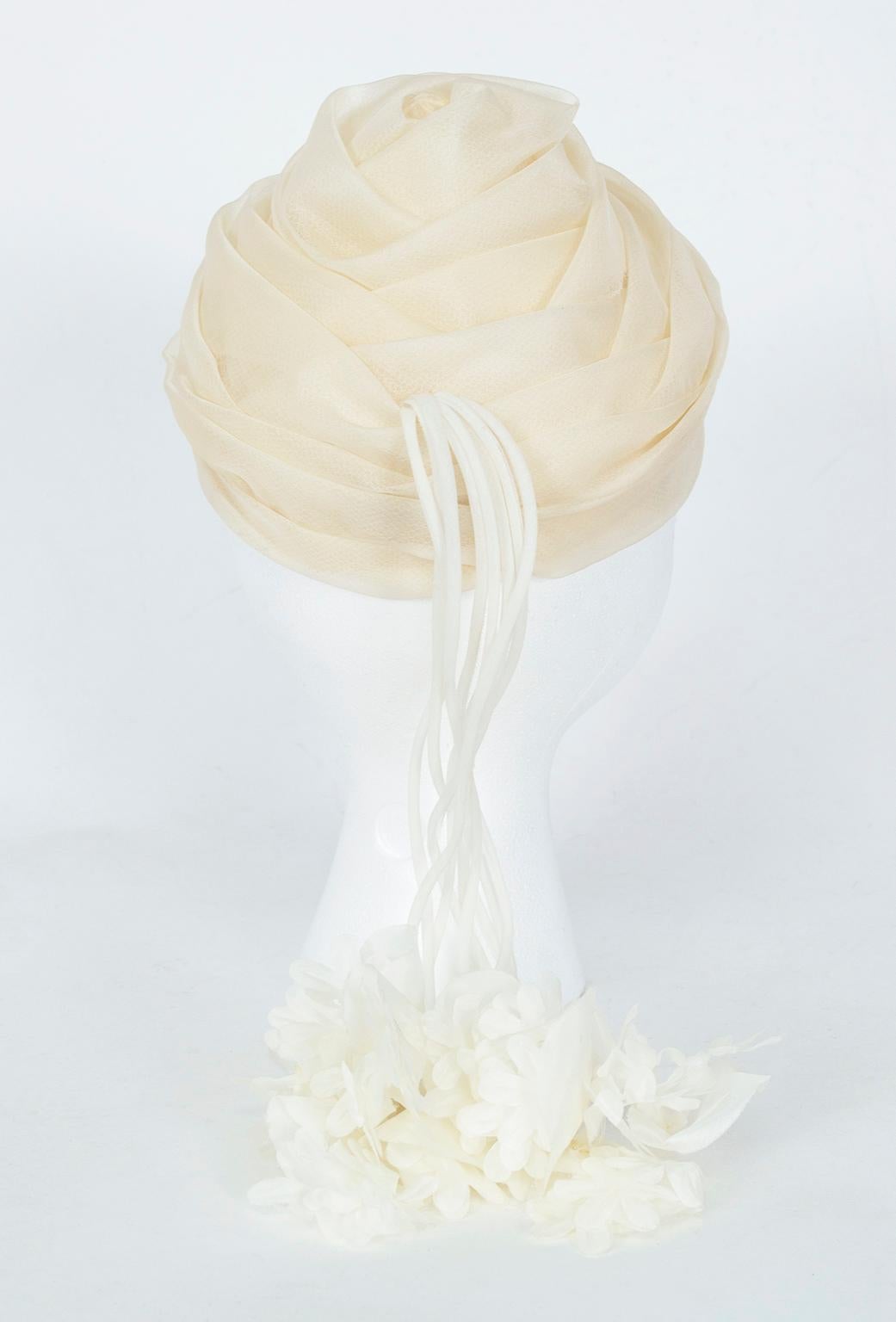 Gray Ivory Chiffon Peaked Wedding Cocktail Twist Cap with Floral Tassels - S-M, 1950s