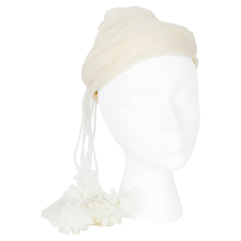 Ivory Chiffon Peaked Wedding Cocktail Twist Cap with Floral Tassels - S-M, 1950s For Sale
