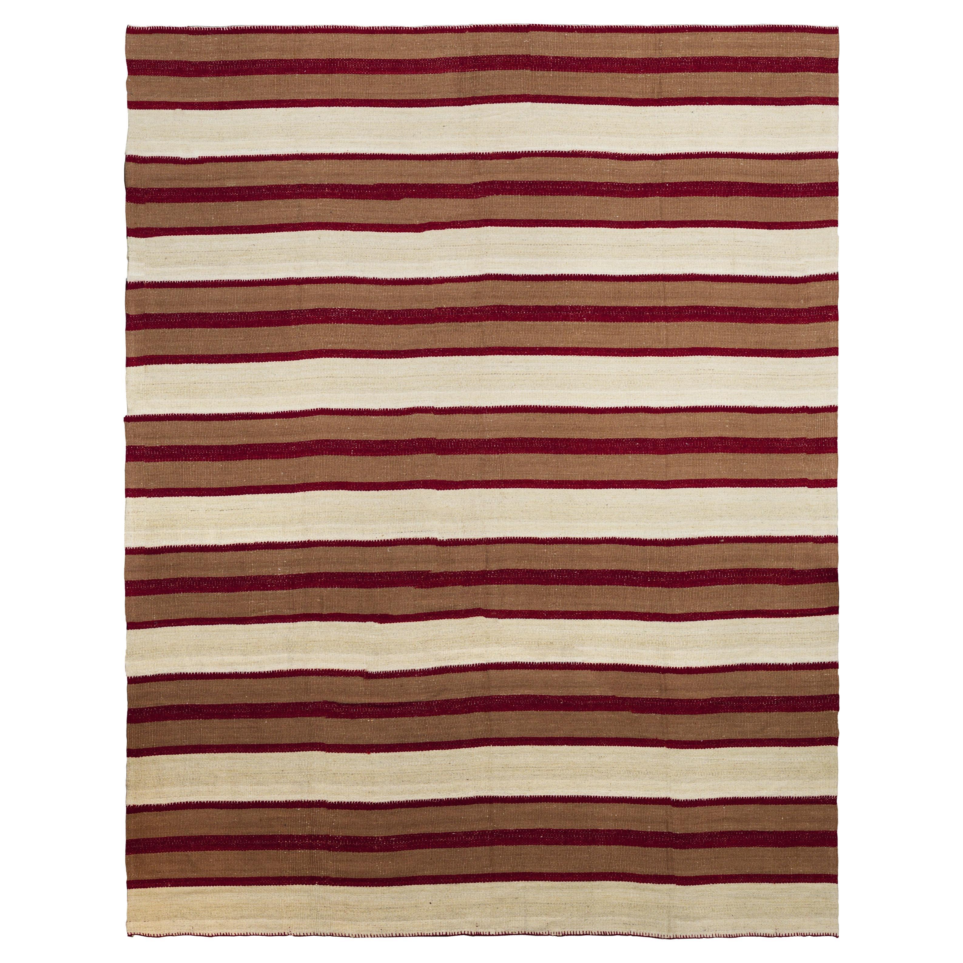 Ivory Cream Turkish Wool Flatwoven Rug 10 ft x 12 ft, Striped Sand Heritage For Sale