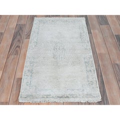 Ivory Cropped Thin Distressed Look Worn Wool Hand Knotted Old Persian Kerman Rug