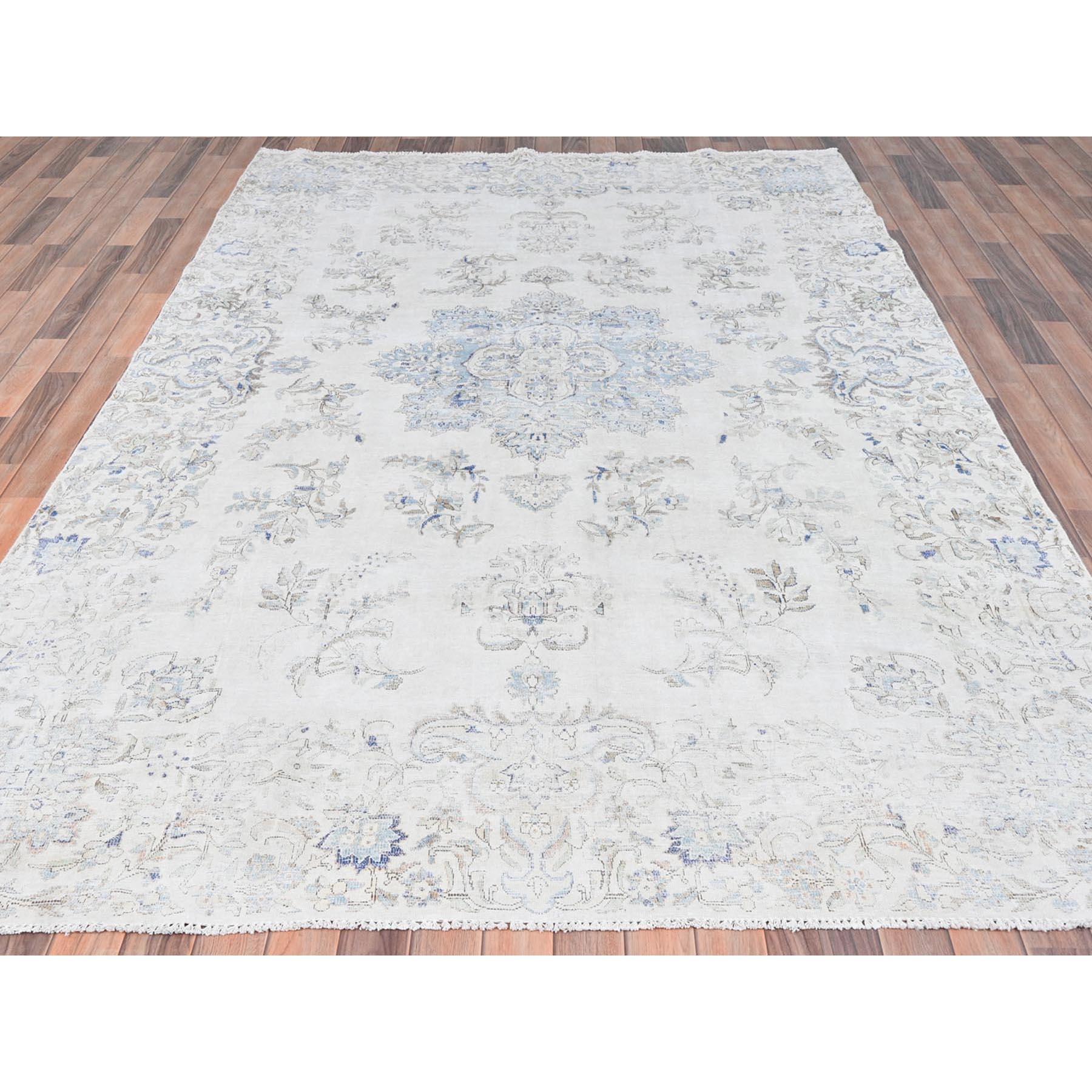 Medieval Ivory Cropped Thin Distressed Look Worn Wool Hand Knotted Old Persian Kerman Rug For Sale