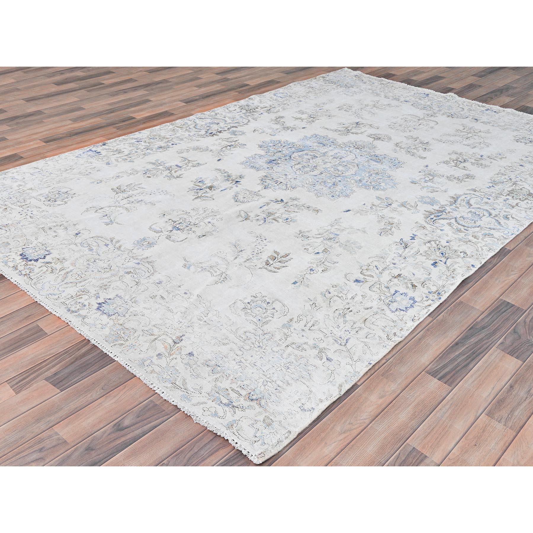 Hand-Knotted Ivory Cropped Thin Distressed Look Worn Wool Hand Knotted Old Persian Kerman Rug For Sale