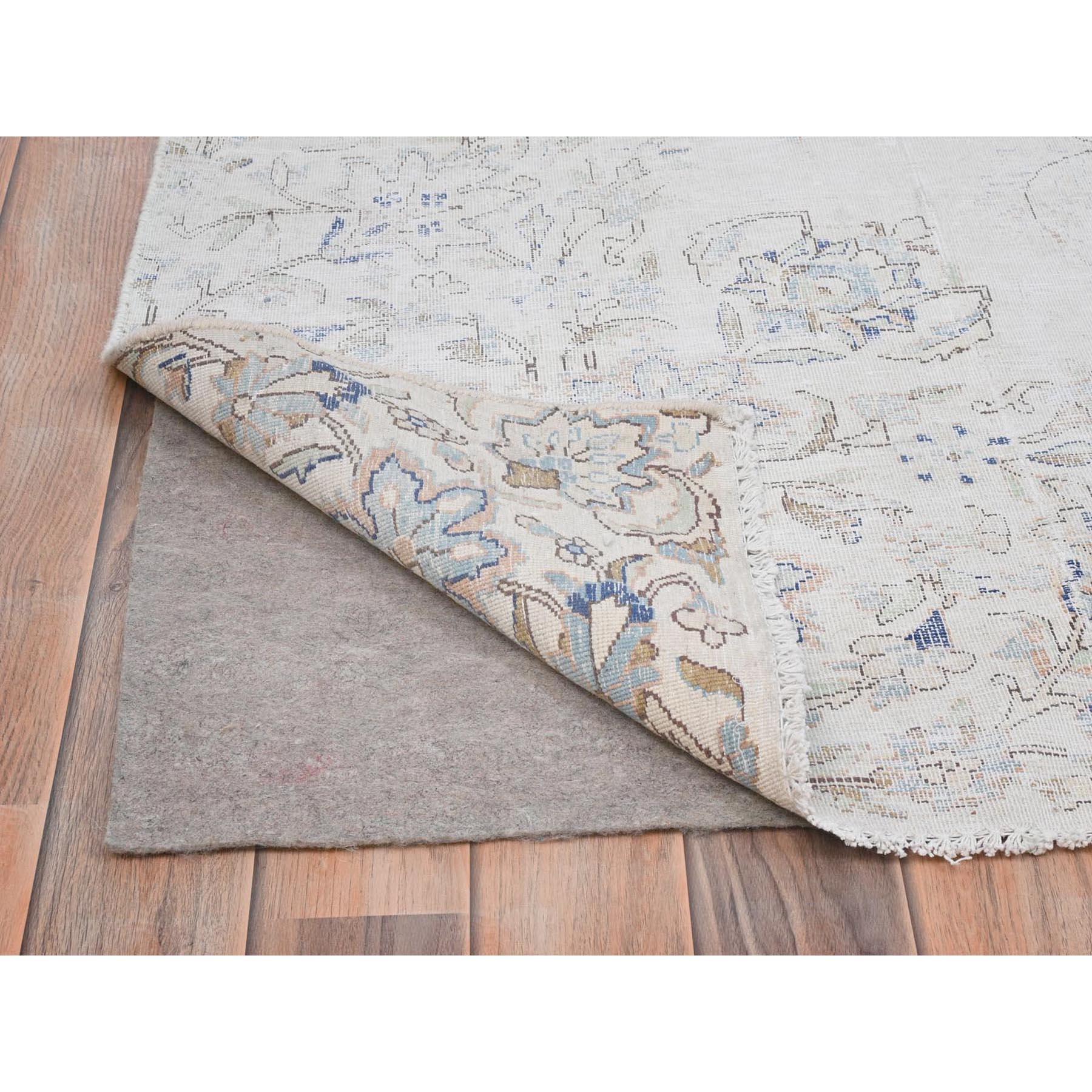 Ivory Cropped Thin Distressed Look Worn Wool Hand Knotted Old Persian Kerman Rug In Good Condition For Sale In Carlstadt, NJ