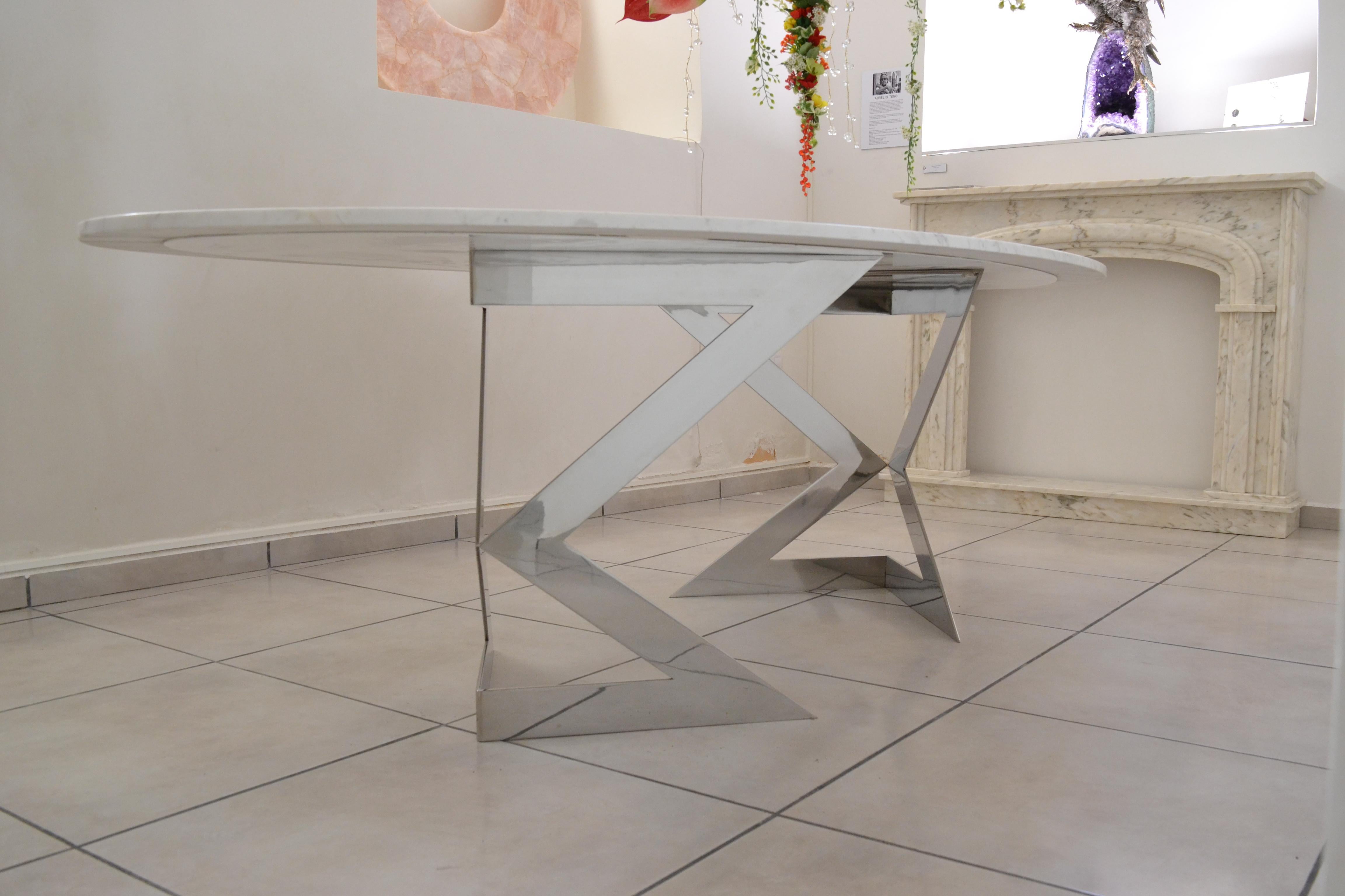 Modern 'Ivory Diamond' 10 Seater Oval Dining Table in Greek White Marble For Sale