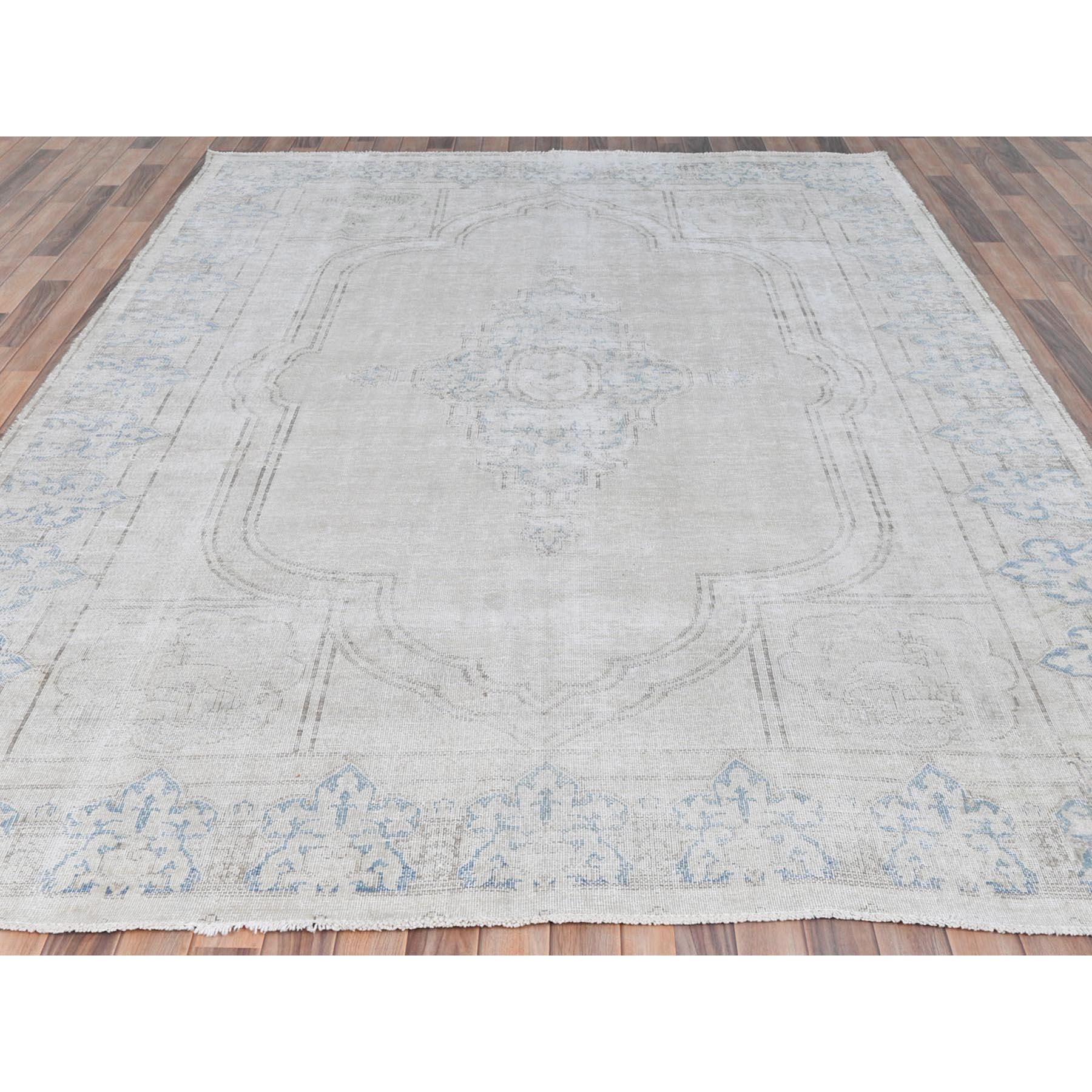 Medieval Ivory Distressed Look Worn Wool Hand Knotted Old Persian Kerman Cropped Thin Rug For Sale