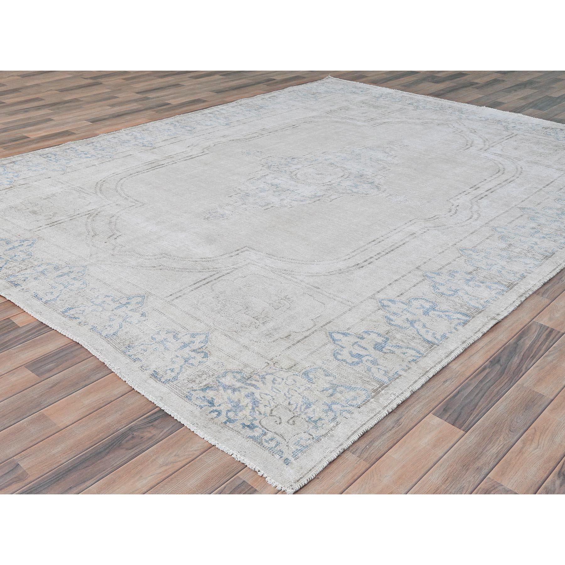 Hand-Knotted Ivory Distressed Look Worn Wool Hand Knotted Old Persian Kerman Cropped Thin Rug For Sale