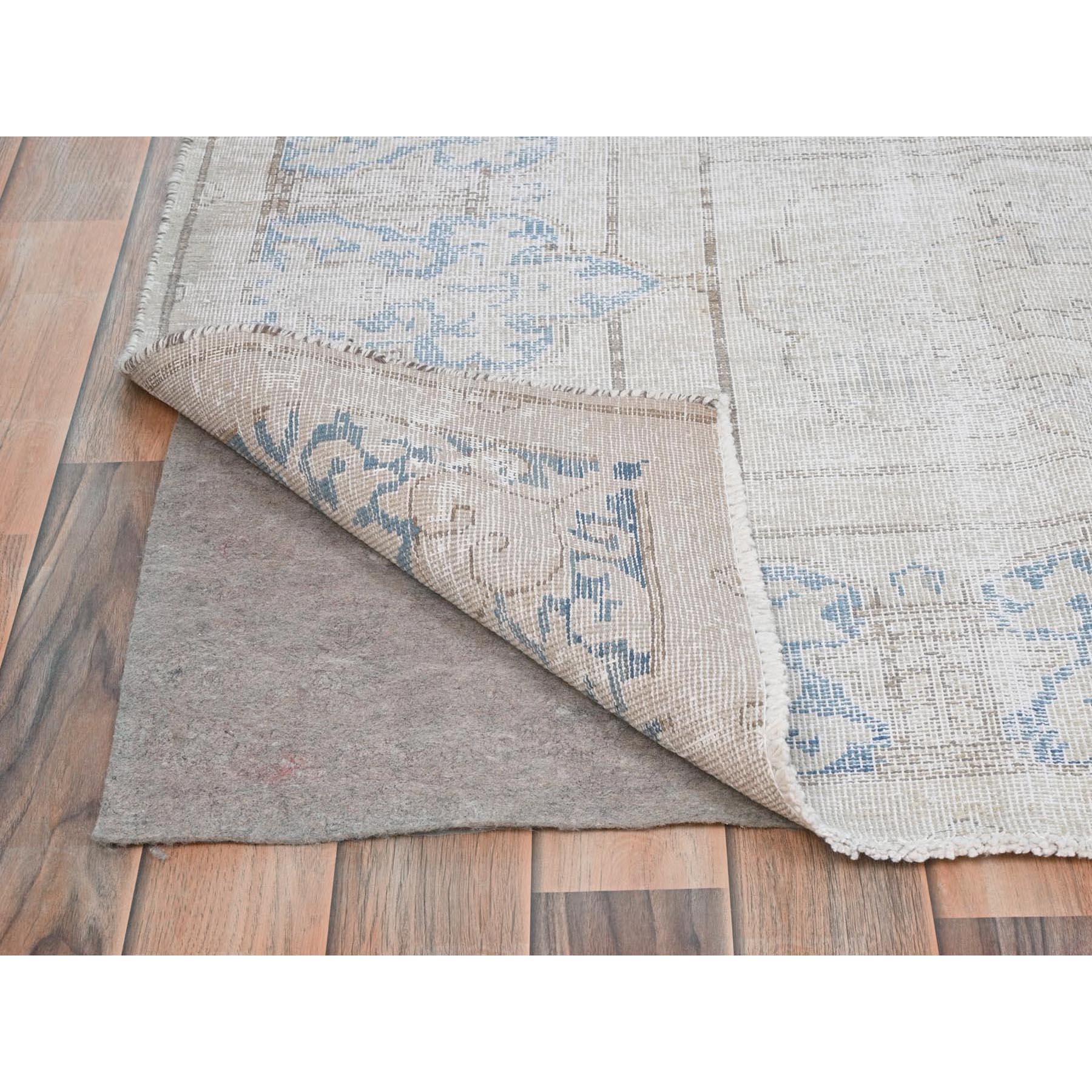 Mid-20th Century Ivory Distressed Look Worn Wool Hand Knotted Old Persian Kerman Cropped Thin Rug For Sale