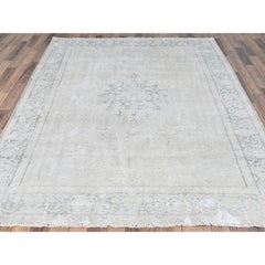 Ivory Distressed Look Worn Wool Hand Knotted Vintage Zoroastrian Karman Rug