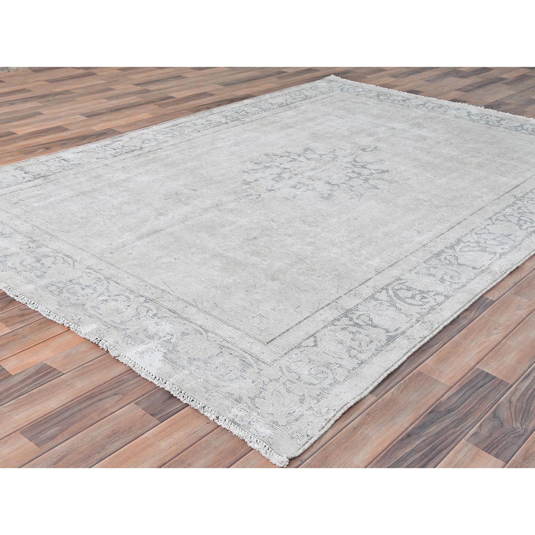 Hand-Knotted Ivory Distressed Look Worn Wool Hand Knotted Vintage Persian Kerman Rug For Sale