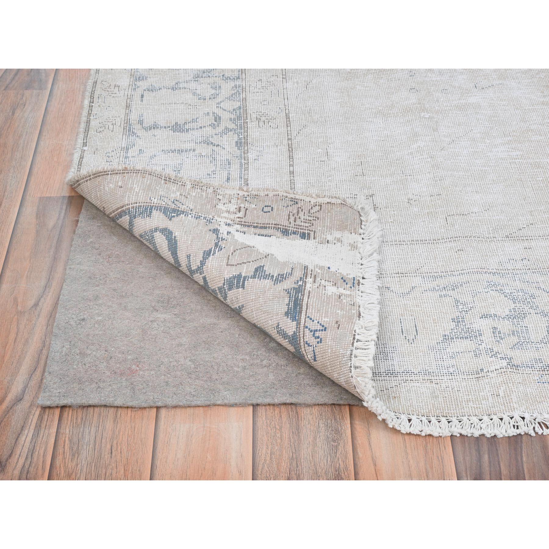 Ivory Distressed Look Worn Wool Hand Knotted Vintage Persian Kerman Rug In Good Condition For Sale In Carlstadt, NJ