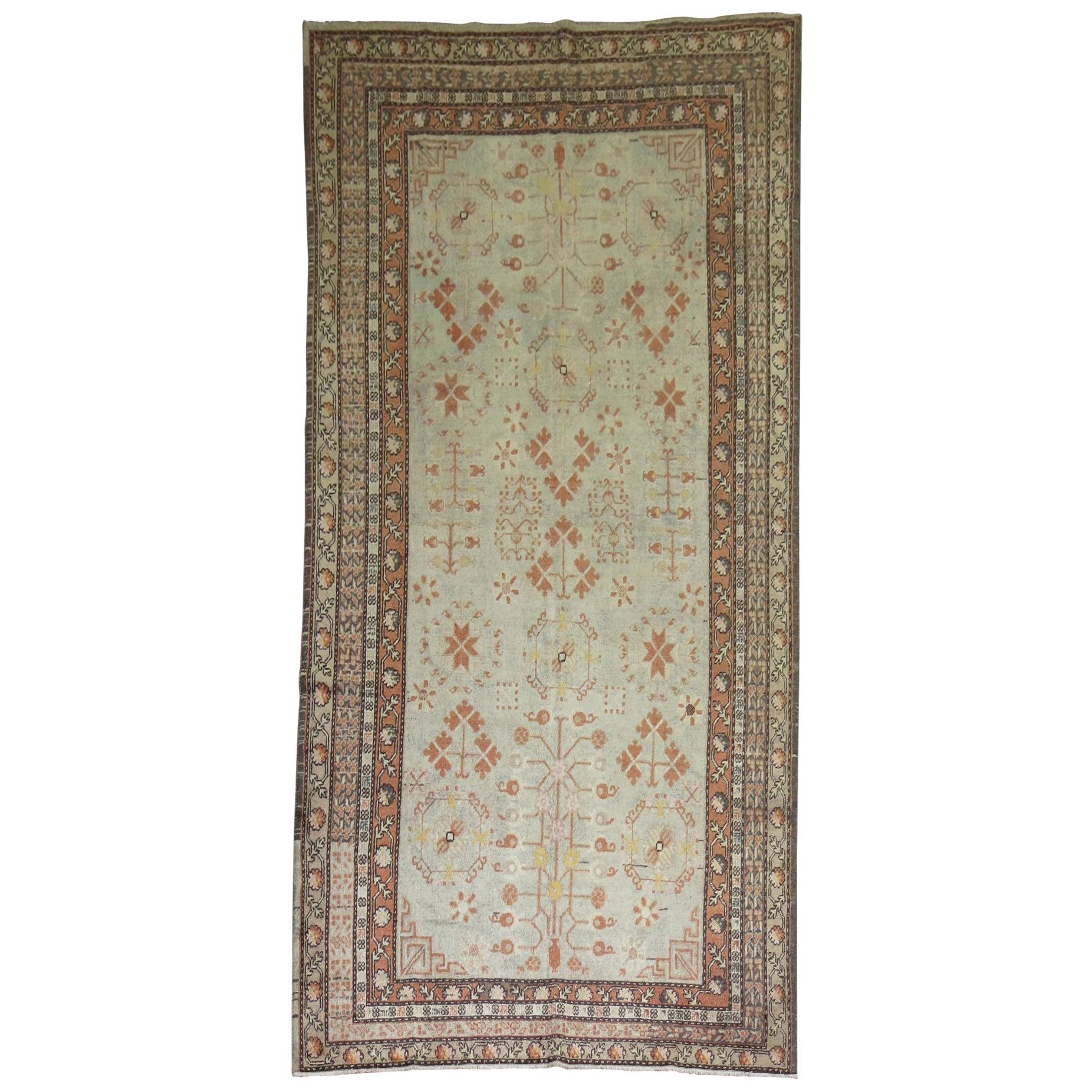 Ivory Early 20th Century Wool Hand Knotted Khotan Gallery Size Rug For Sale