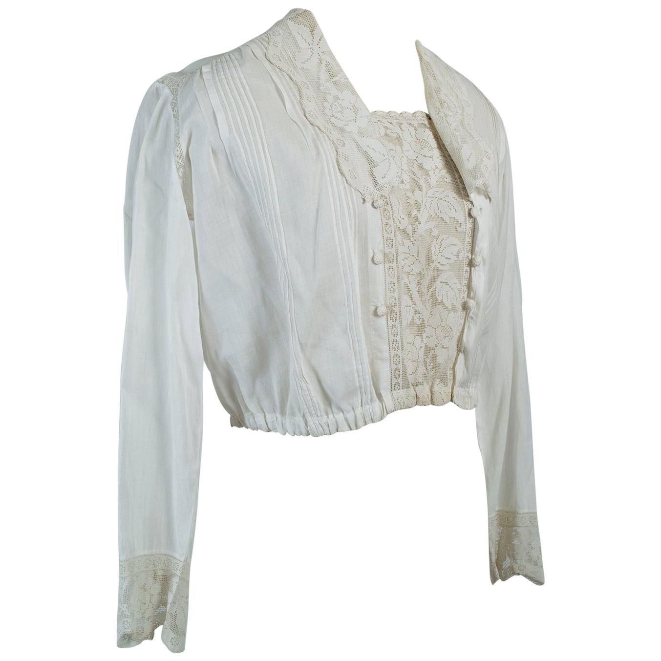 Elfenbeinfarbene edwardianische Bluse mit Filet-Spitze und Seemannskragen - M, 1910er Jahre