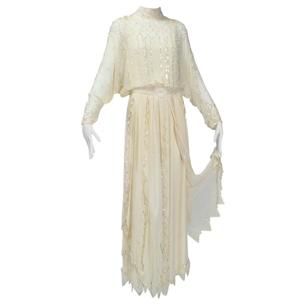 Ivory Edwardian Reproduction Ornamented Silk Tea or Bridal Gown - Small, 1980s