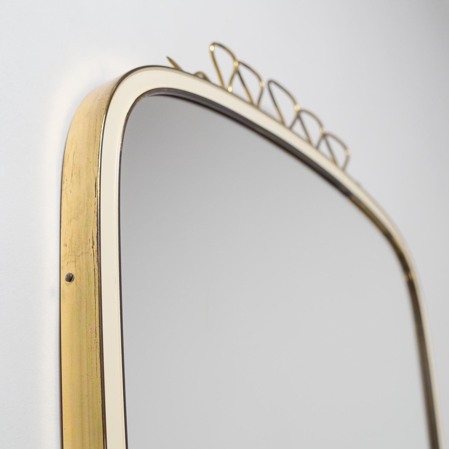 German Ivory Enameled Brass Mirror, 1950s