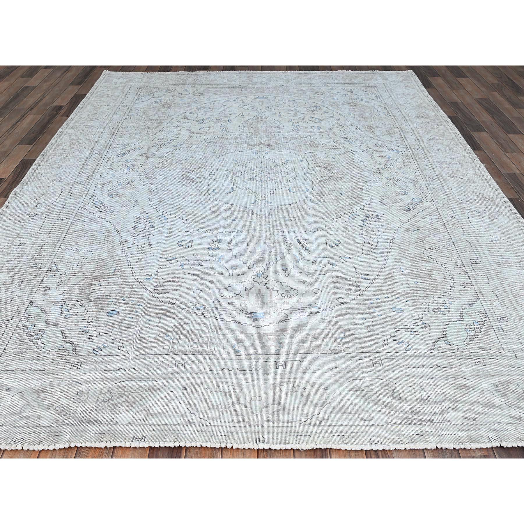 Hand-Knotted Ivory Evenly Worn Wool Vintage Persian White Wash Tabriz Hand Knotted Clean Rug For Sale