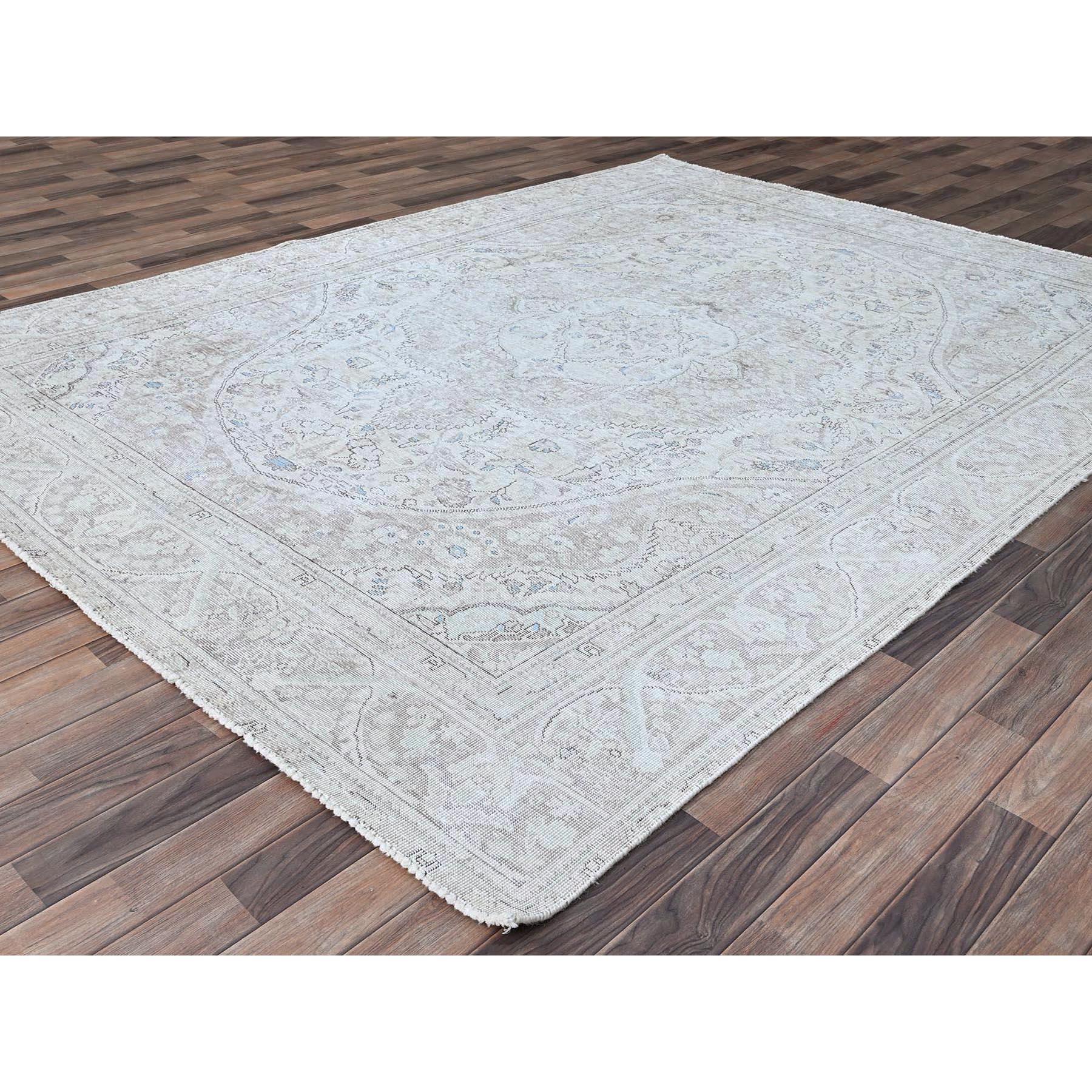 Ivory Evenly Worn Wool Vintage Persian White Wash Tabriz Hand Knotted Clean Rug In Excellent Condition For Sale In Carlstadt, NJ