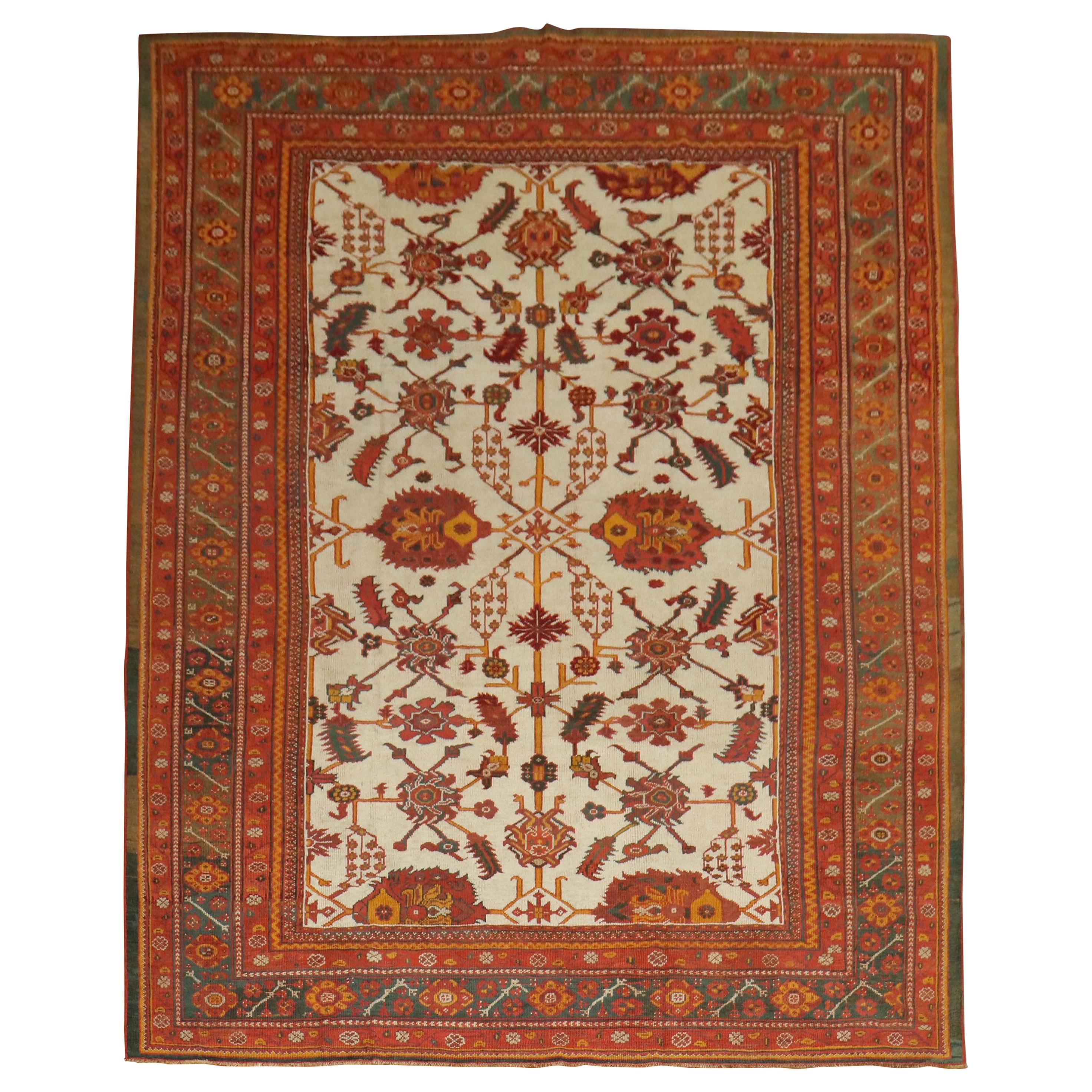 Ivory Field Antique Turkish Oushak Carpet, Late 19th Century For Sale