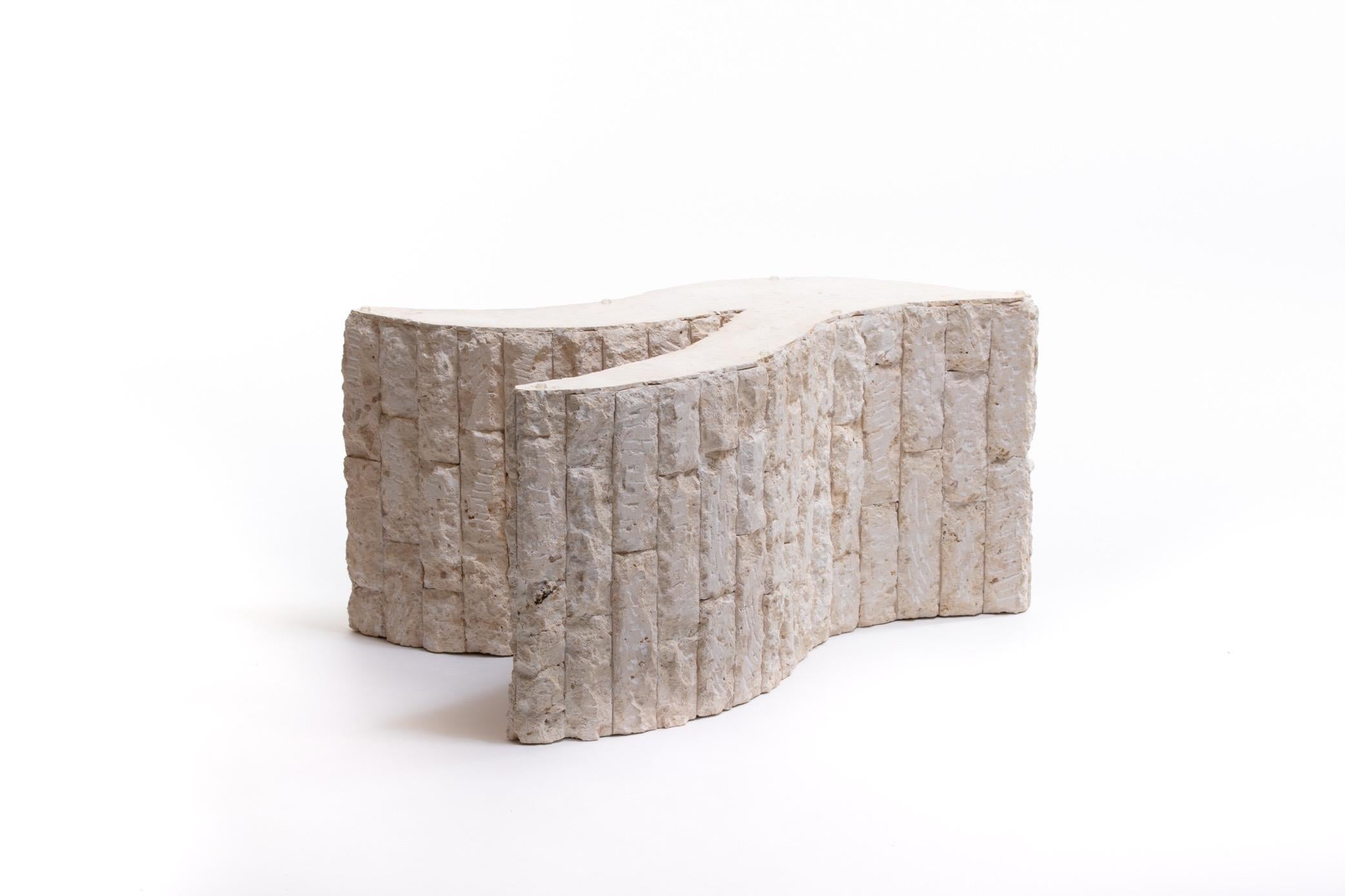 Late 20th Century Ivory Fossil Stone Sculptural Coffee Table with Biomorphic Glass Top, circa 1980 For Sale