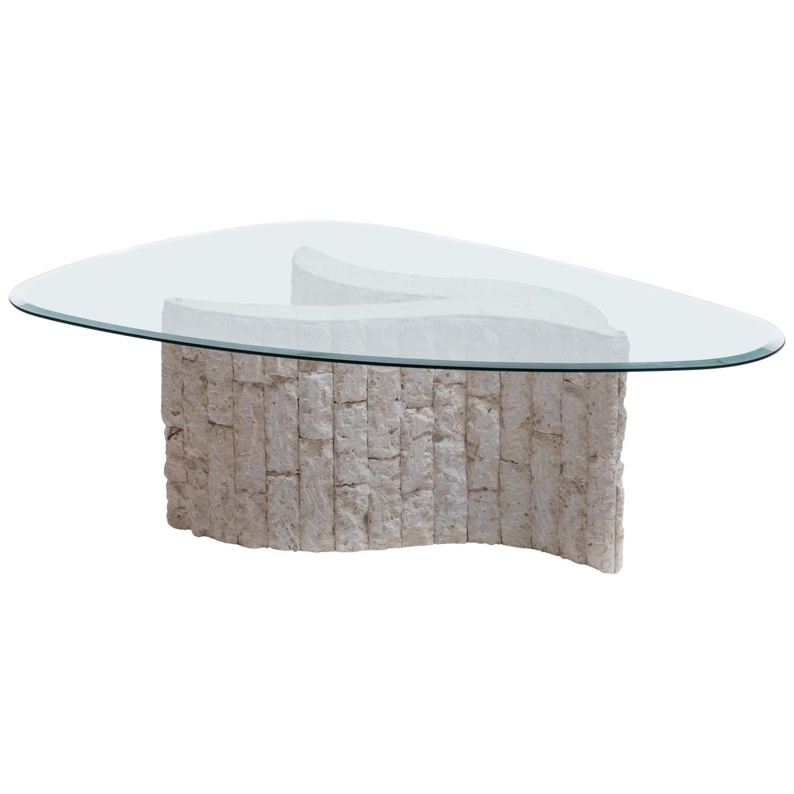 Ivory Fossil Stone Sculptural Coffee Table with Biomorphic Glass Top, circa 1980 For Sale