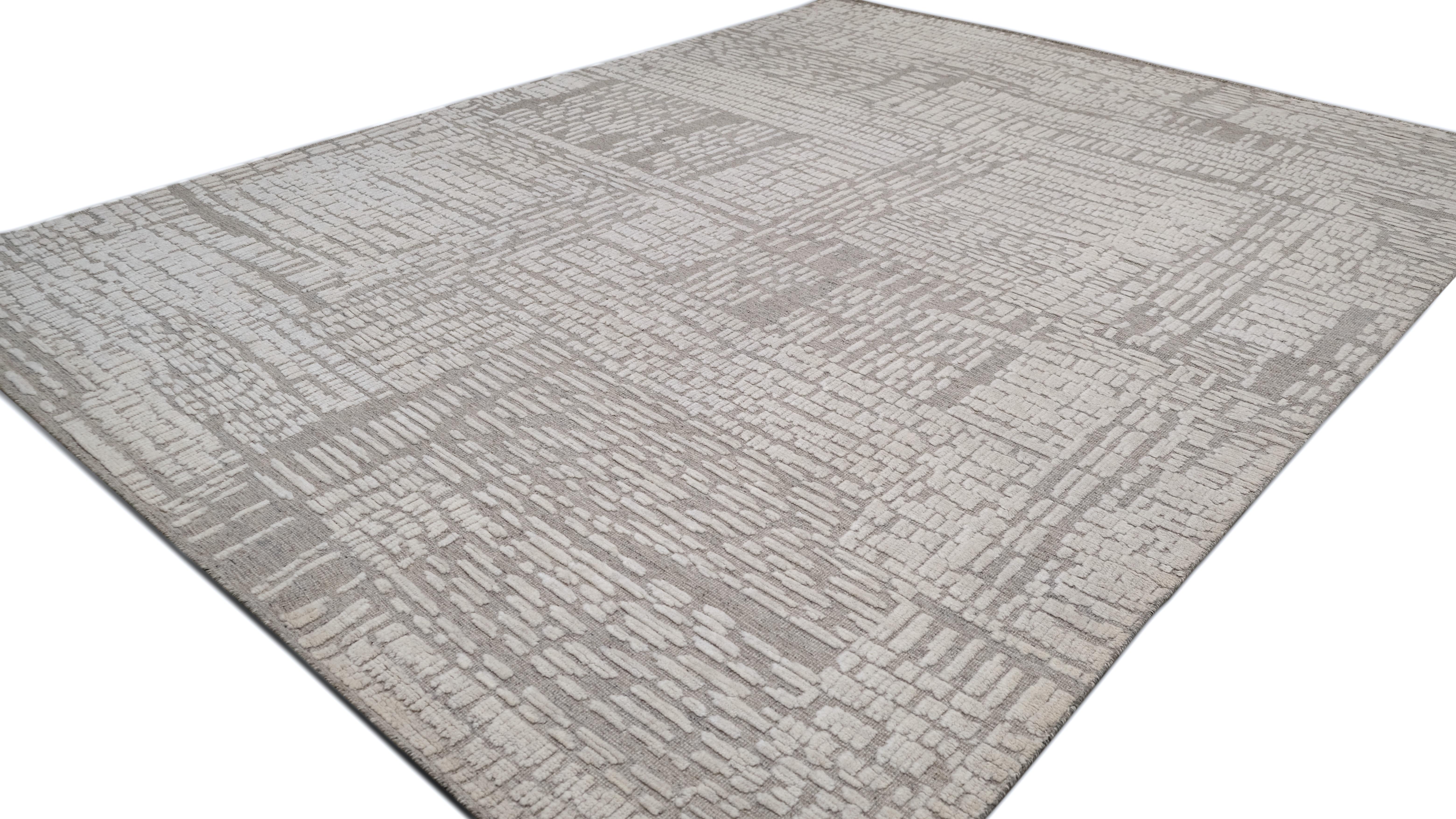 Elfenbeinfarbener geometrischer abstrakter Wollteppich 9'x12' mit moderner Ästhetik (Moderne) im Angebot