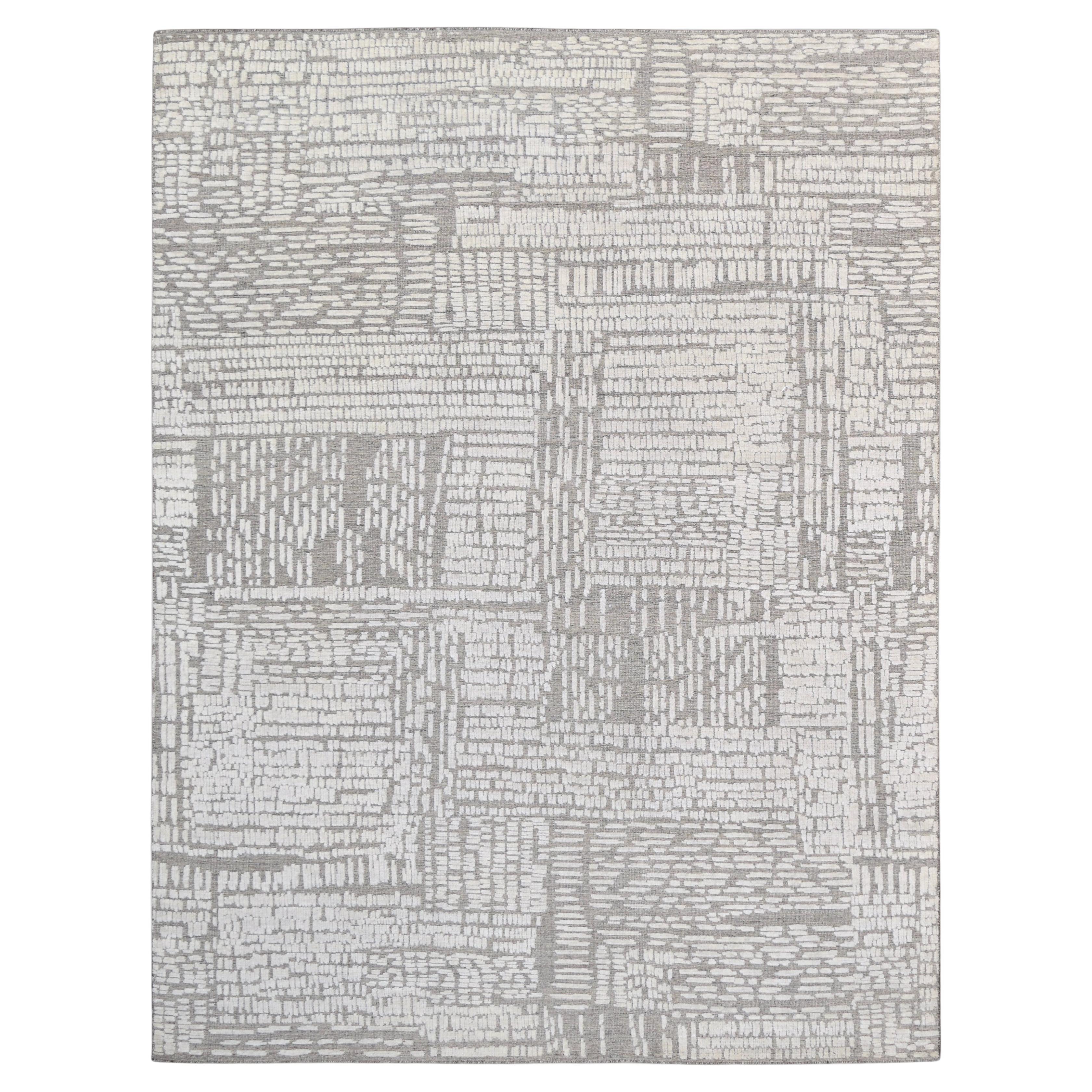 Elfenbeinfarbener geometrischer abstrakter Wollteppich 9'x12' mit moderner Ästhetik