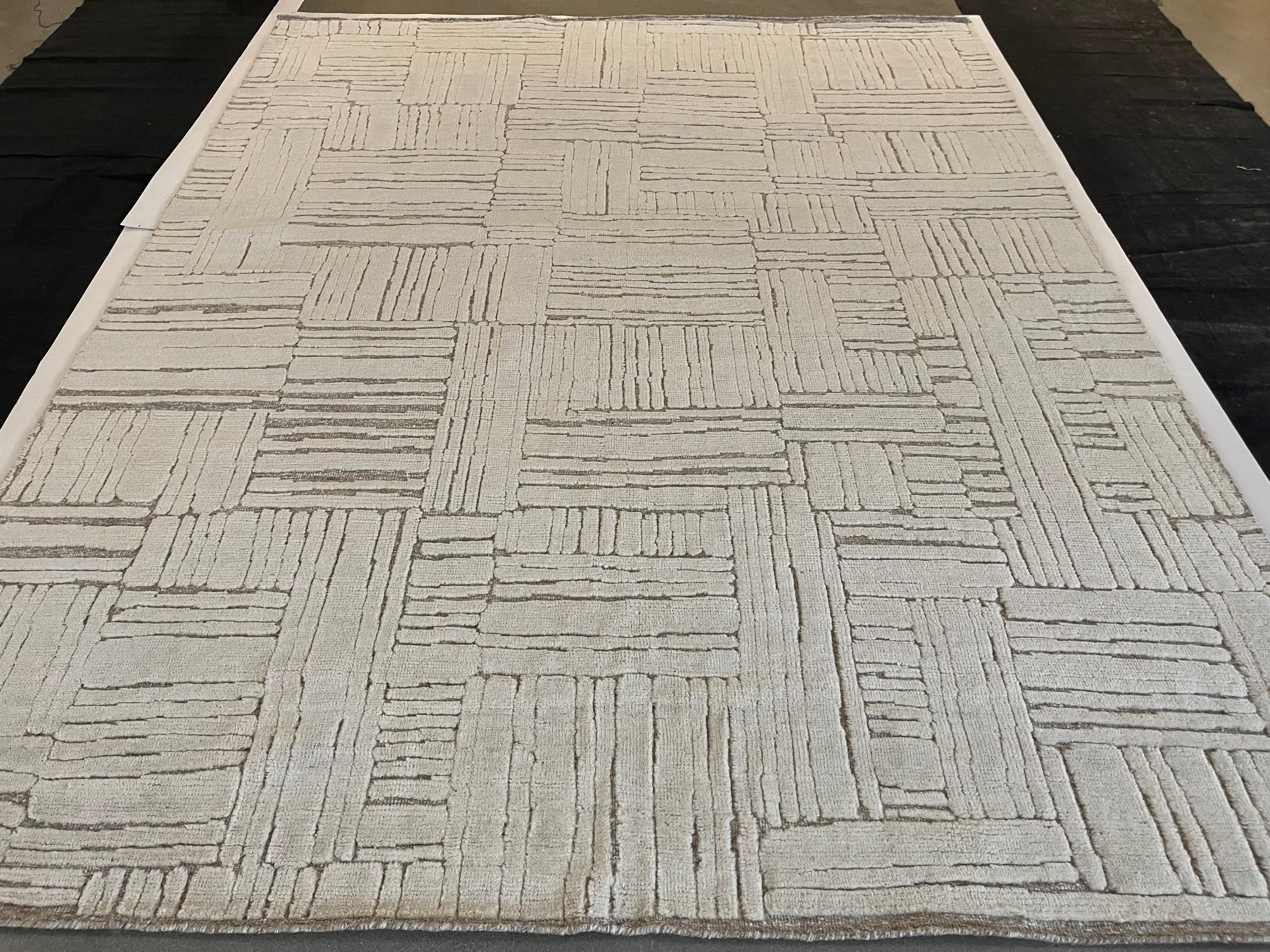Hand-Knotted Ivory Geometric Cut and Loop Area Rug For Sale