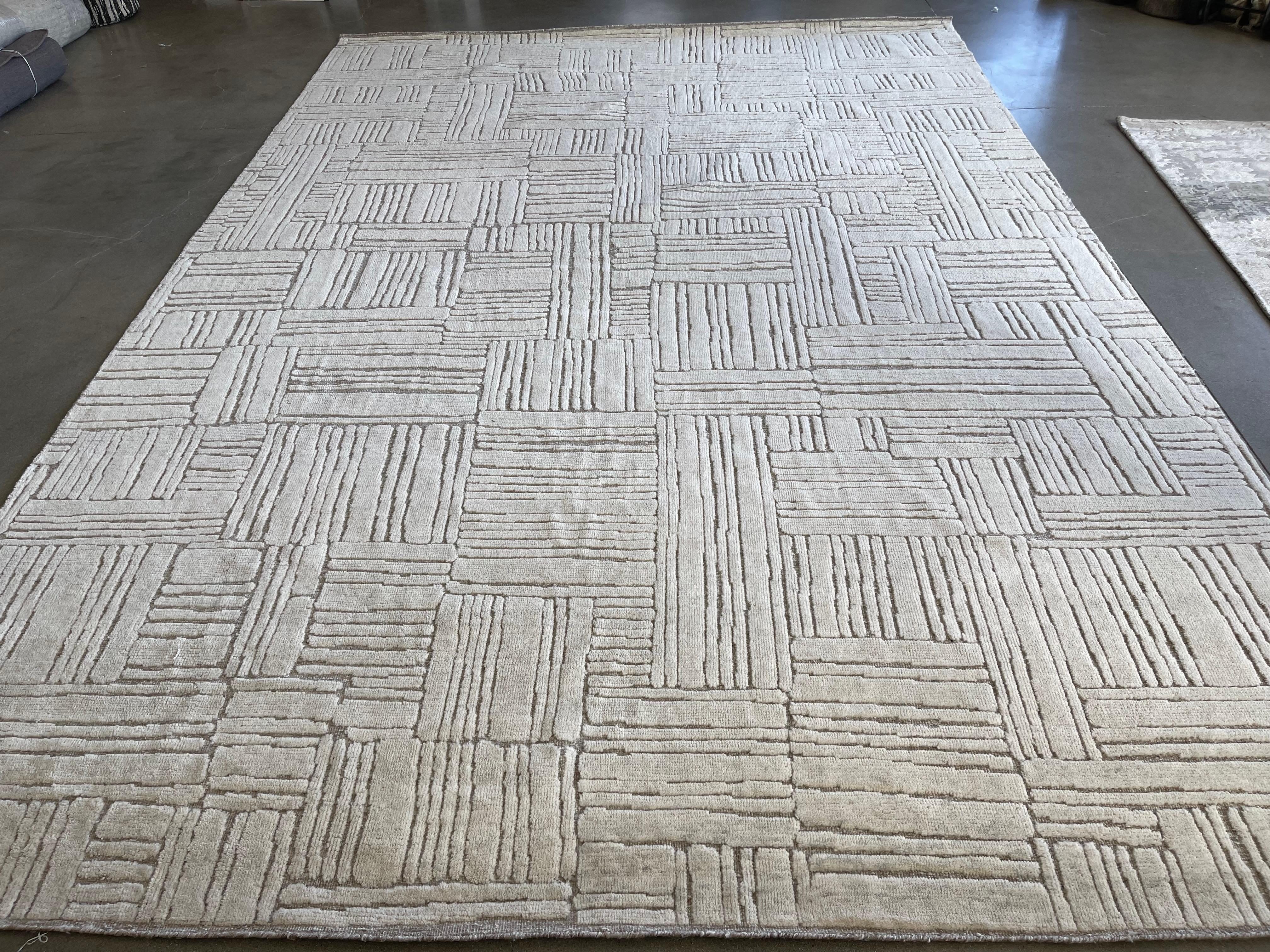 Hand-Knotted Ivory Geometric Cut and Loop Area Rug For Sale