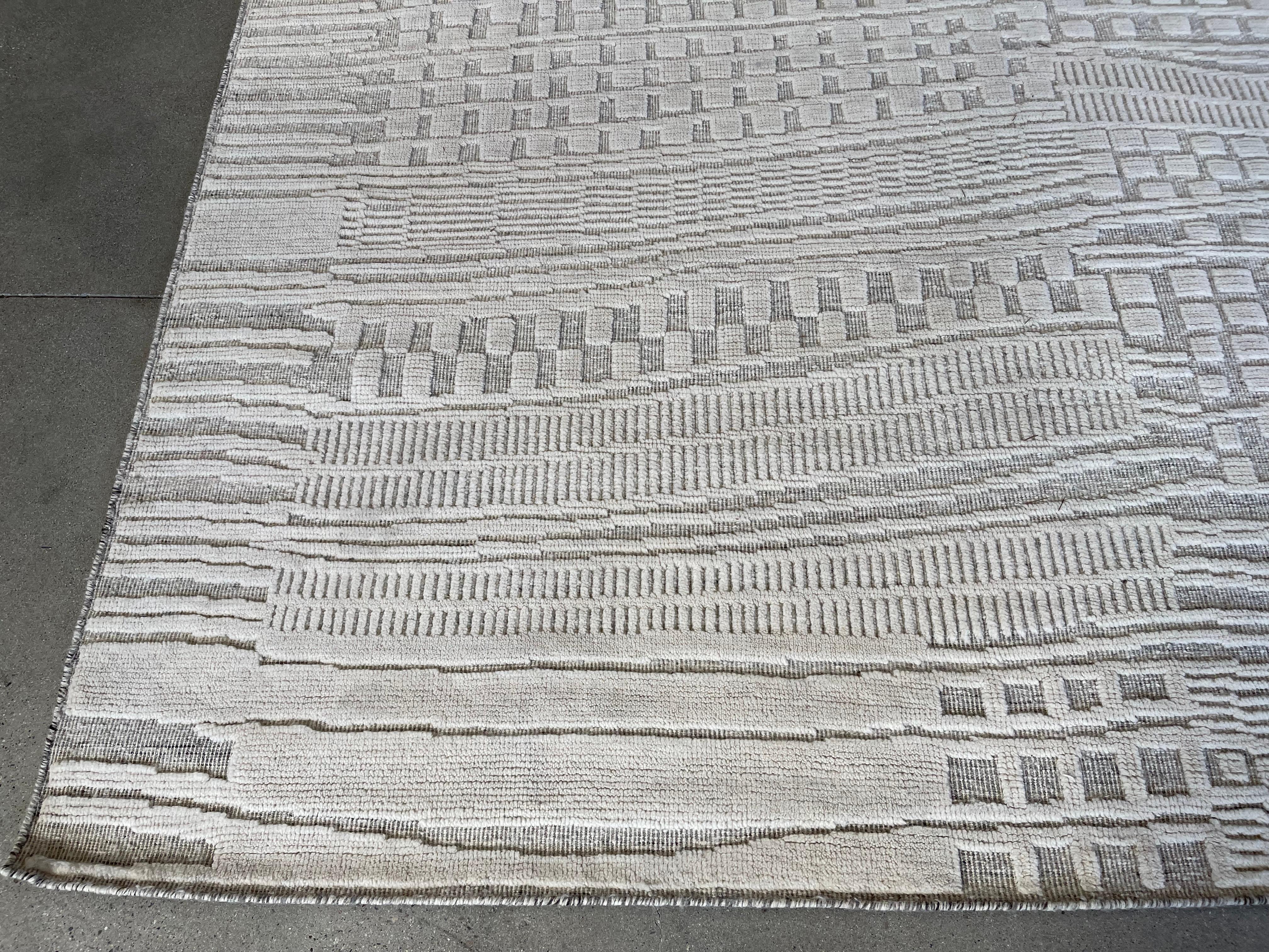Contemporary Ivory Geometric Cut and Loop Area Rug For Sale