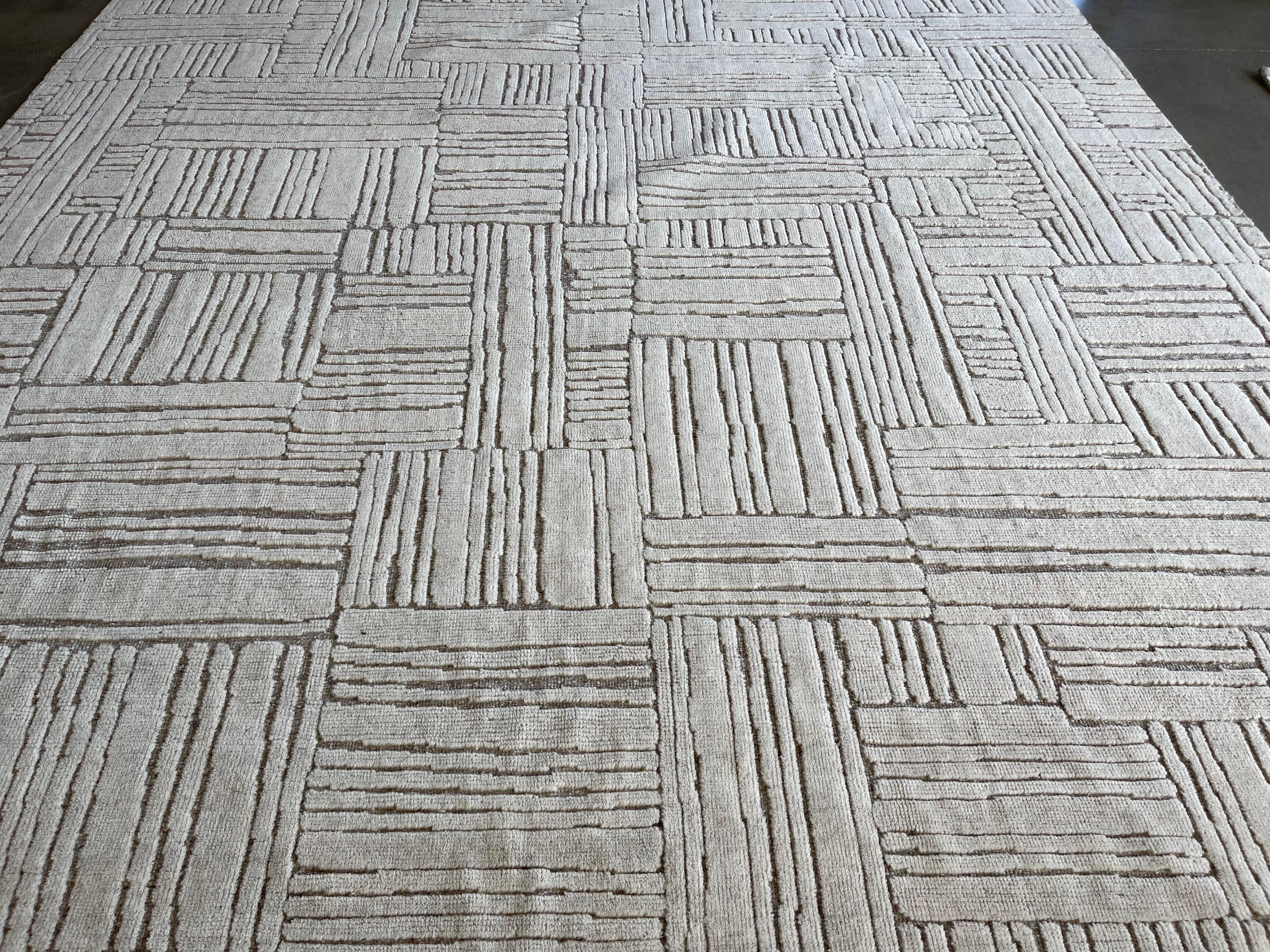 Contemporary Ivory Geometric Cut and Loop Area Rug