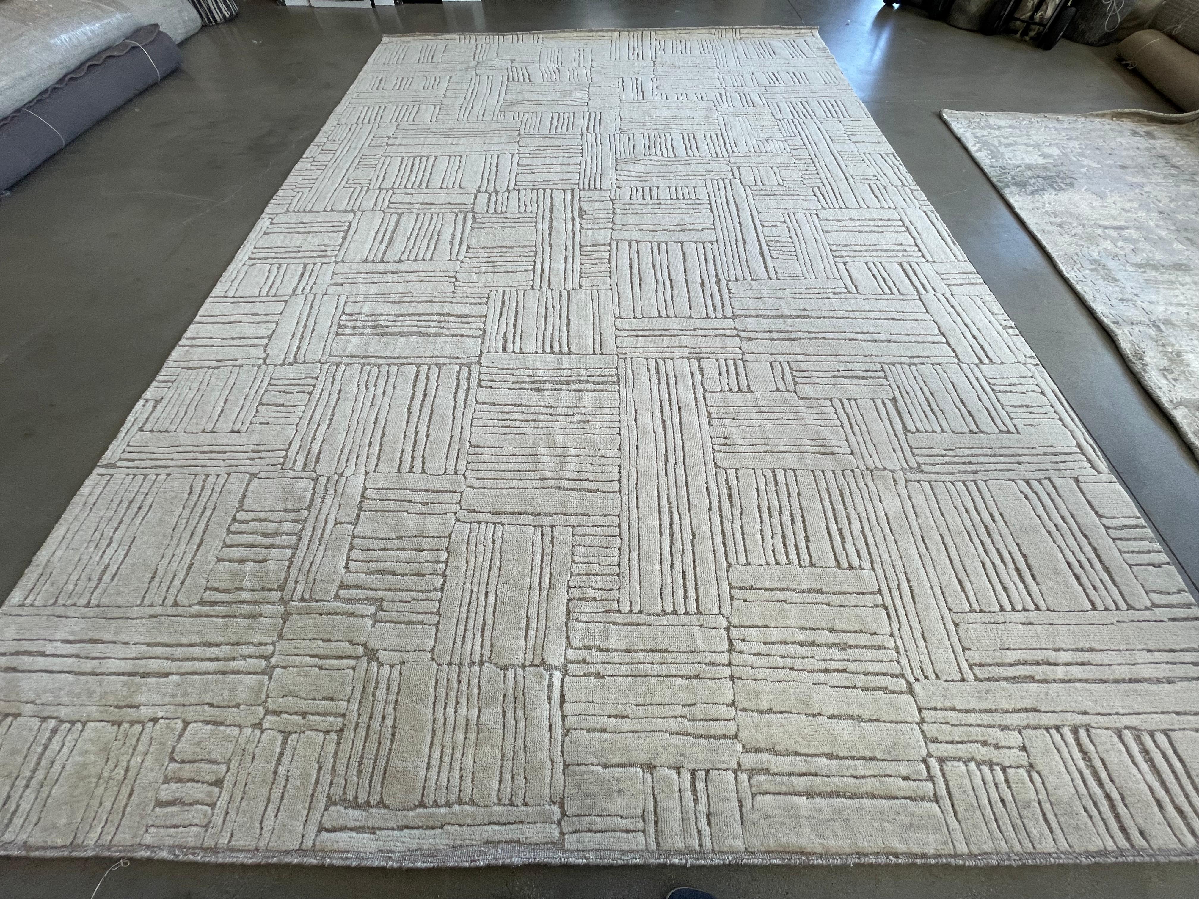 Contemporary Ivory Geometric Cut and Loop Area Rug